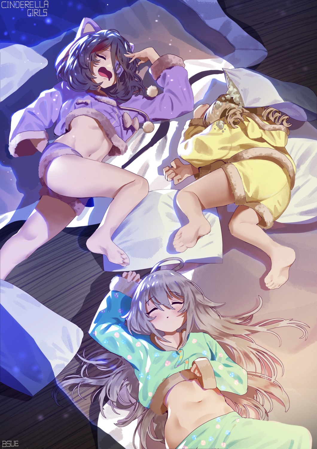 animal_ears, bsue, eyepatch, hayasaka_mirei, hoshi_shouko, morikubo_nono, pajama, shirt_lift