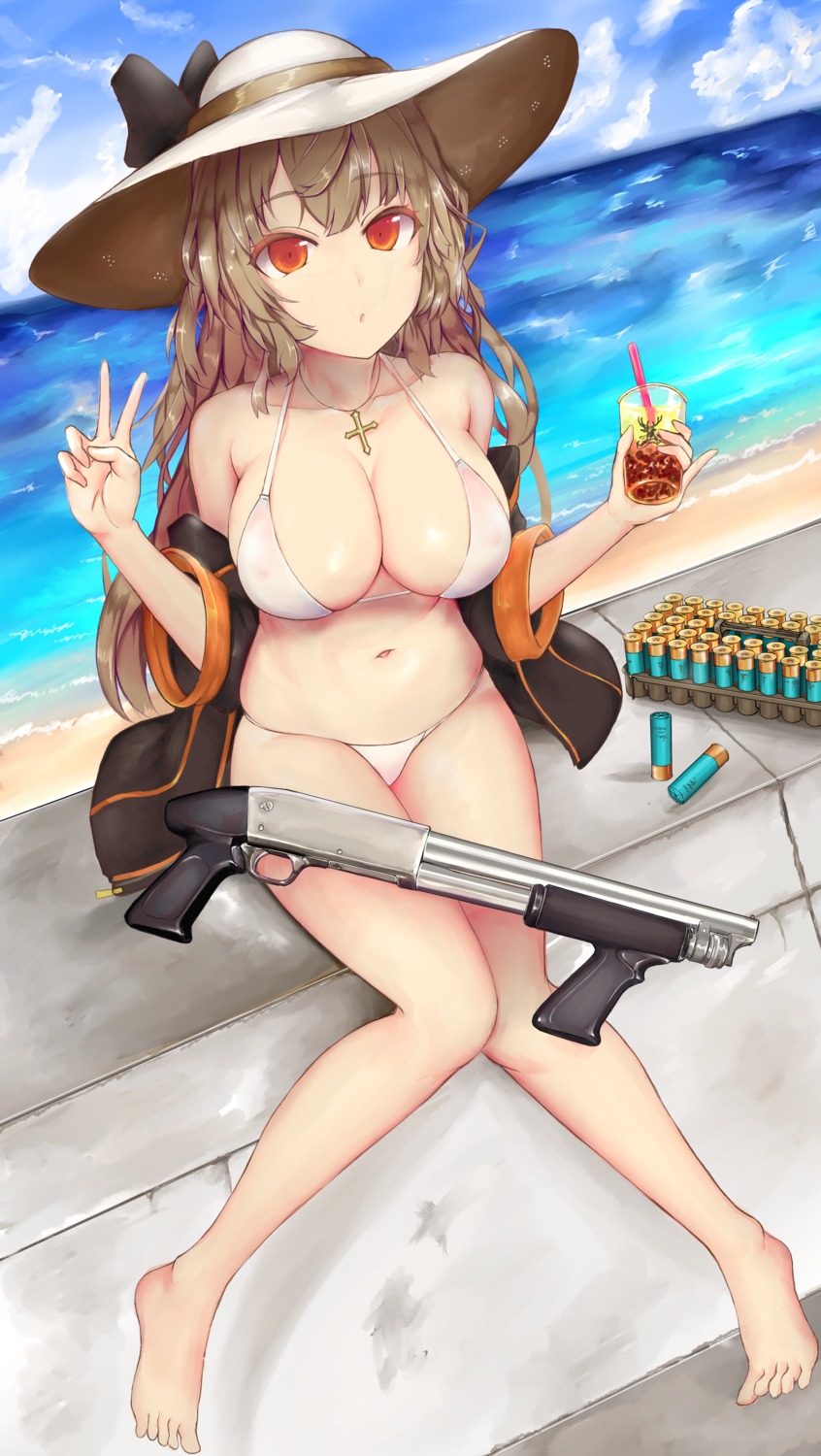 bikini, franz_(217franz), girls_frontline, gun, ithaca_m37_(girls_frontline), open_shirt, swimsuits