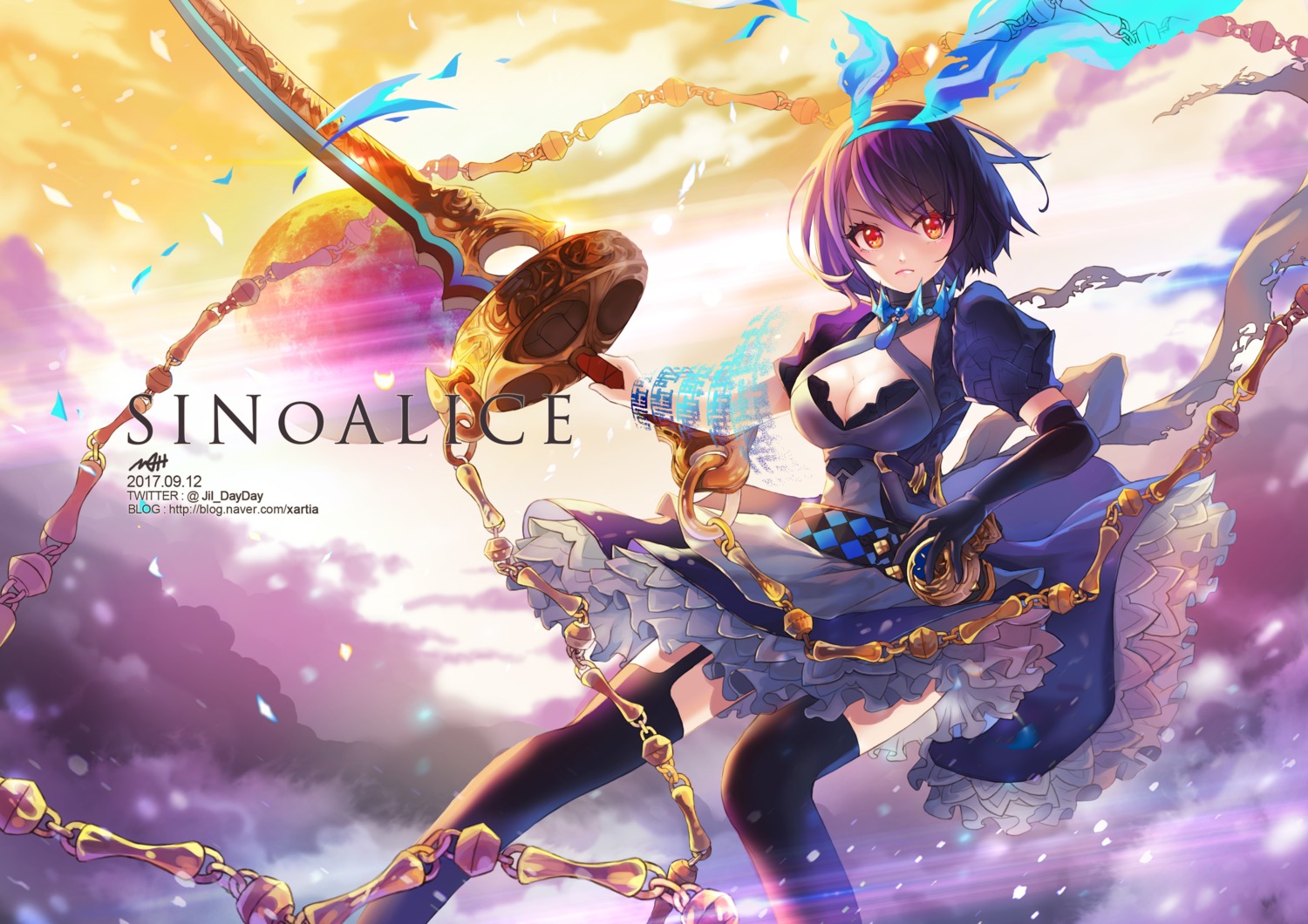 alice_(sinoalice), cleavage, jii_dayday, sinoalice, skirt_lift, stockings, thighhighs, weapon