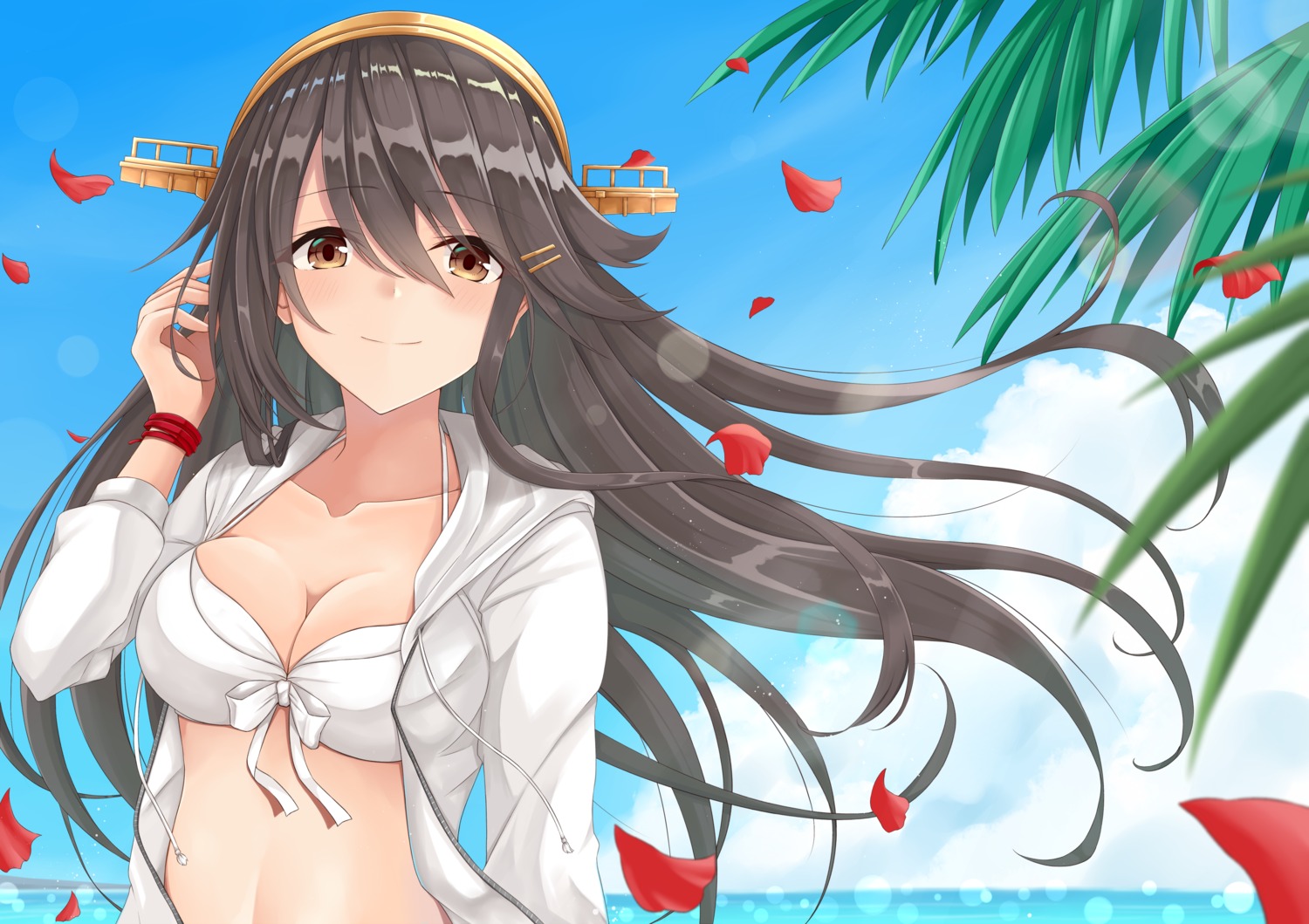 bikini_top, cleavage, gensoukitan, haruna_(kancolle), kantai_collection, open_shirt, swimsuits