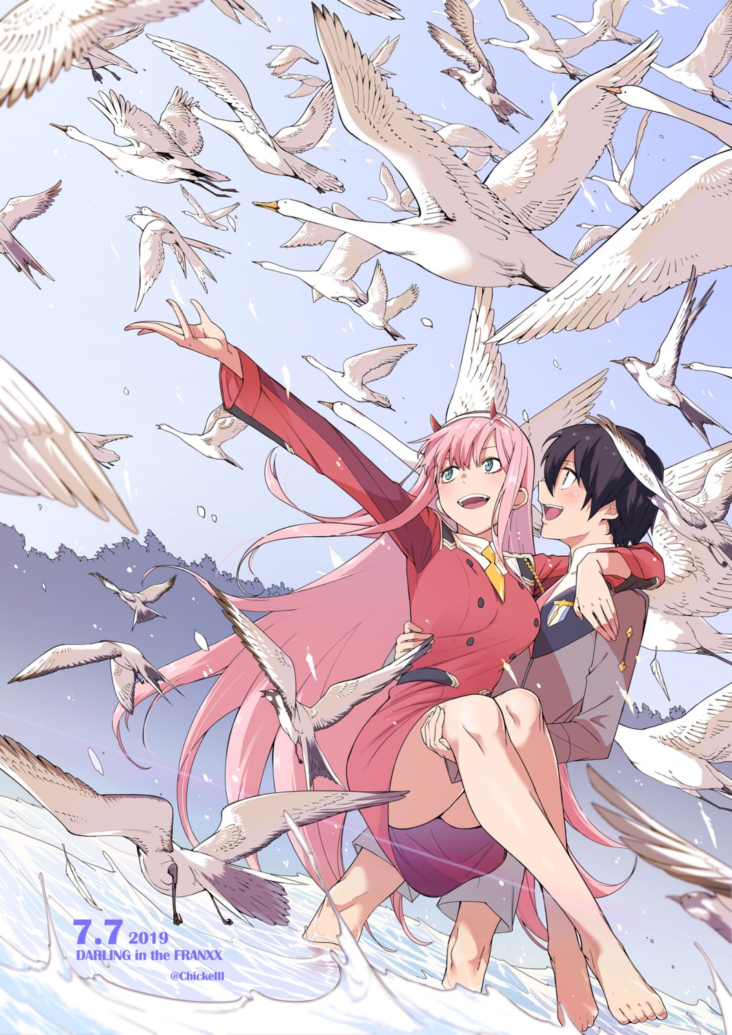 chicke_iii, darling_in_the_franxx, hiro_(darling_in_the_franxx), horns, signed, uniform, wet, wings
