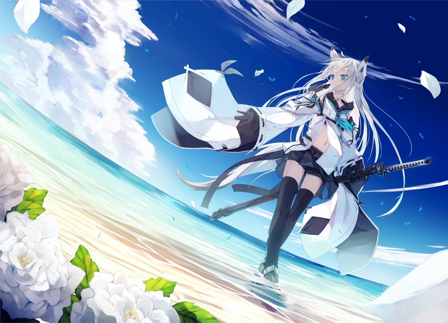 animal_ears, azur_lane, kawakaze_(azur_lane), nagishiro_mito, sword, tail, thighhighs, wet