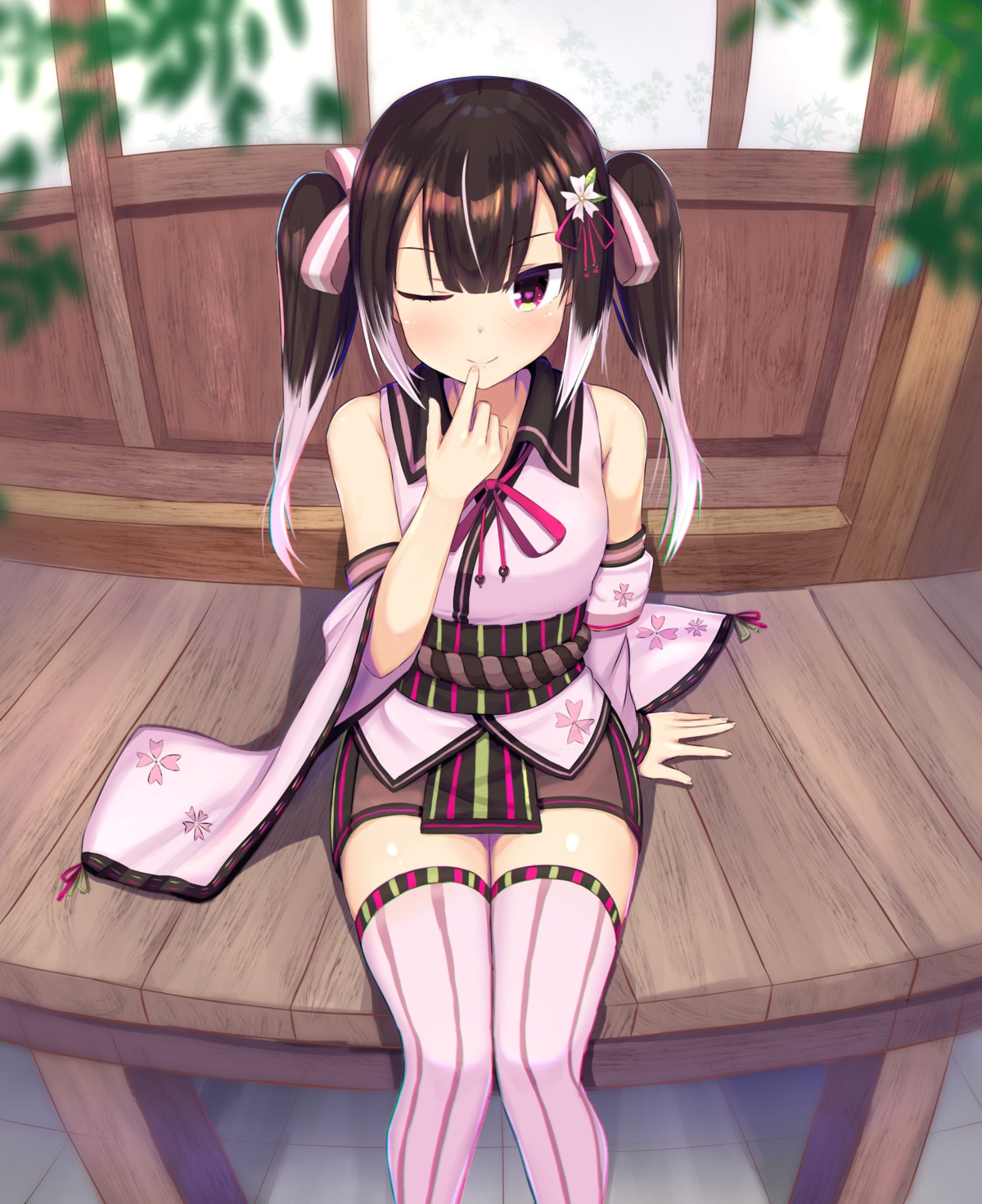 breast_hold, iriam, japanese_clothes, kagura_mio, shidaidaka, thighhighs