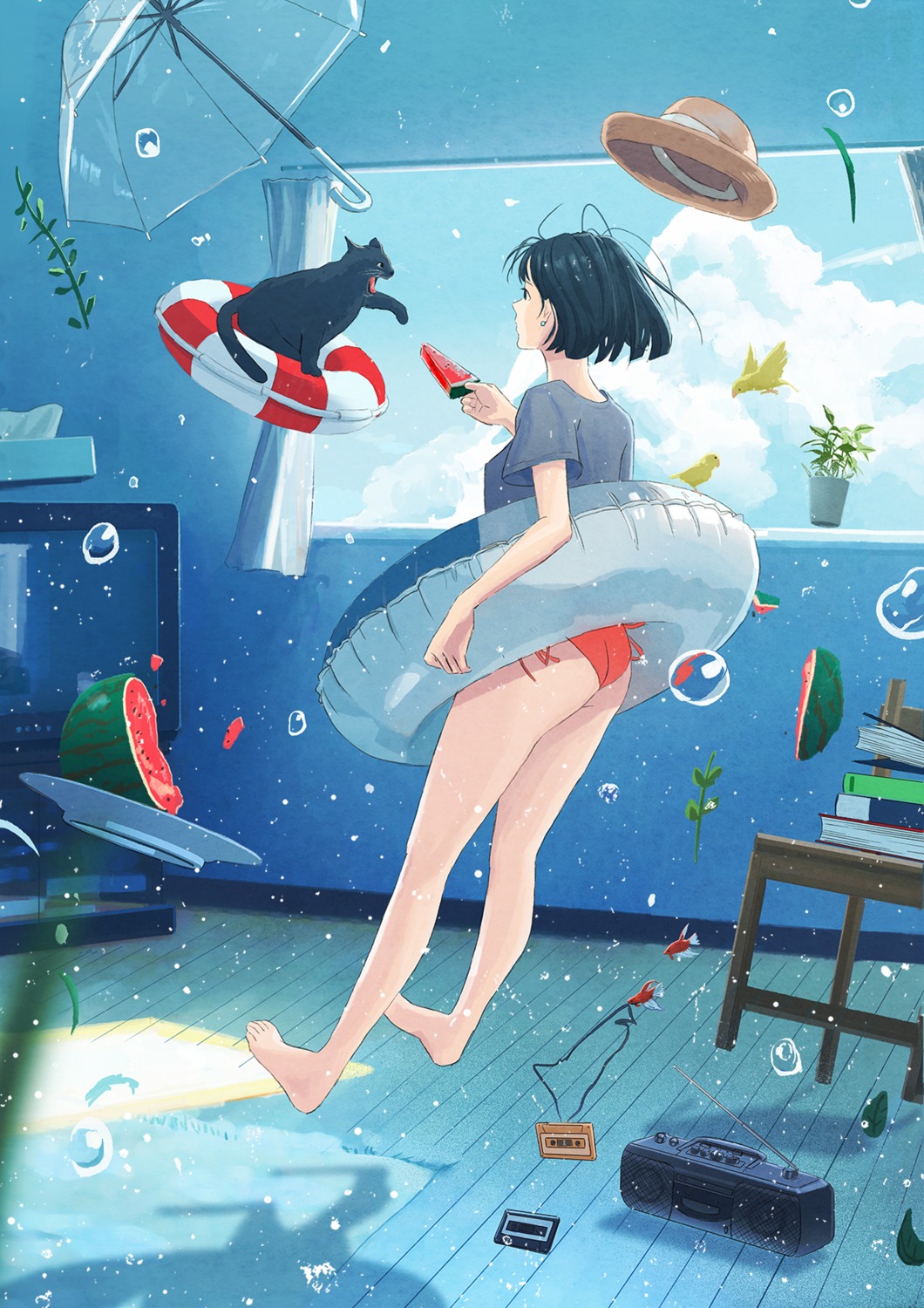 ass, nakamura_yukihiro, neko, swimsuits, umbrella