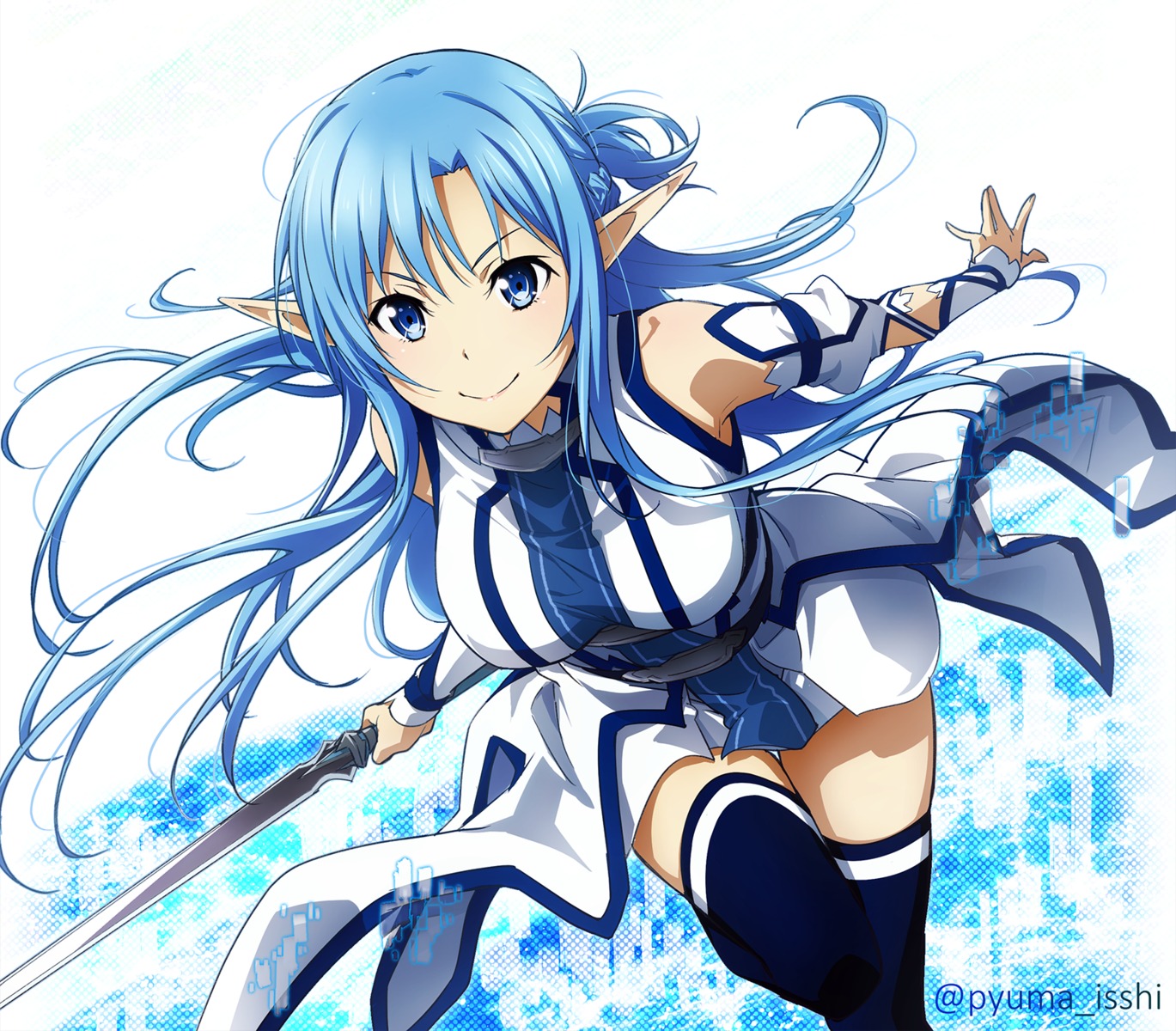 asuna_(sword_art_online), pointy_ears, puma_(hyuma1219), sword, sword_art_online, thighhighs