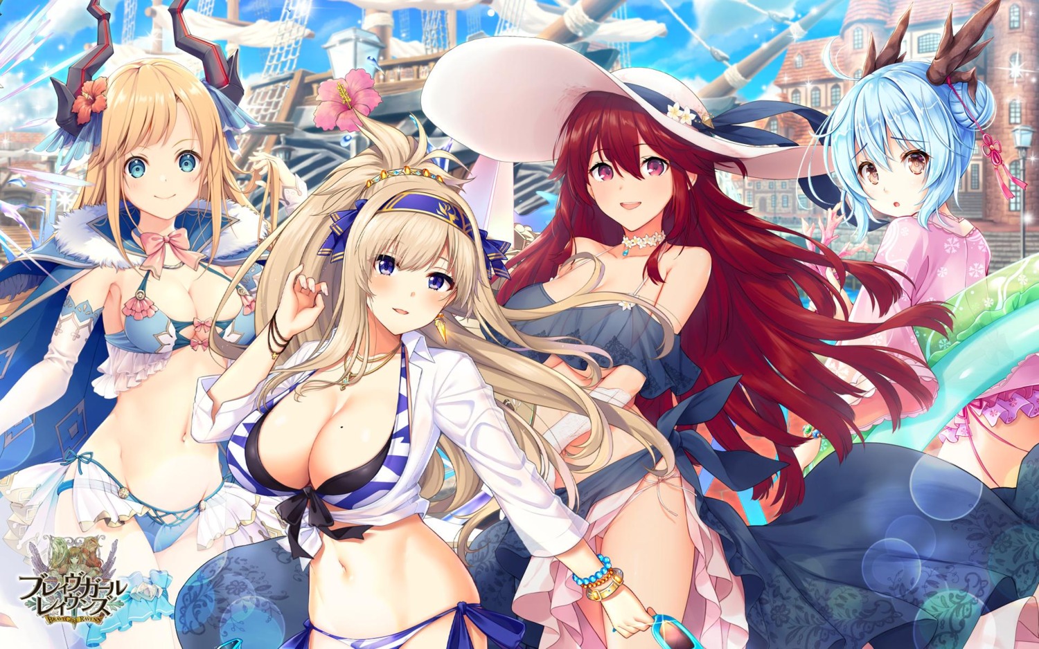 akashio, bikini, brave_girl_ravens, cleavage, f-cla, garter, horns, horosuke, japanese_clothes, open_shirt, see_through, swimsuits, wallpaper, yoshino_ryou