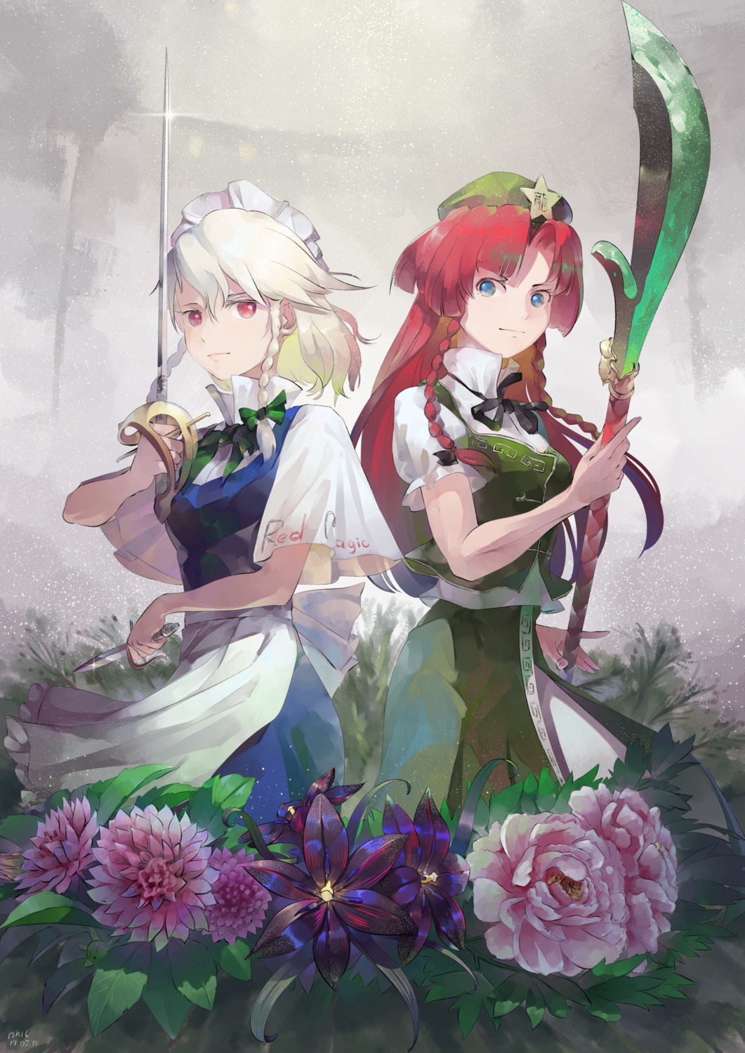 hong_meiling, izayoi_sakuya, maid, riki6, sword, touhou, weapon