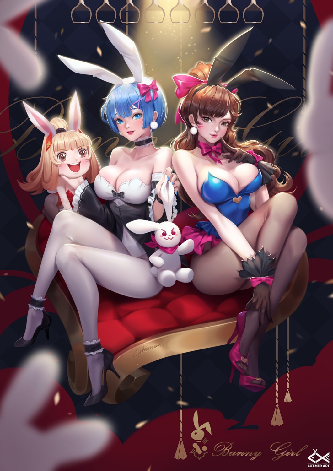 animal_ears, bunny_ears, bunny_girl, citemer, cleavage, crossover, d.va, heels