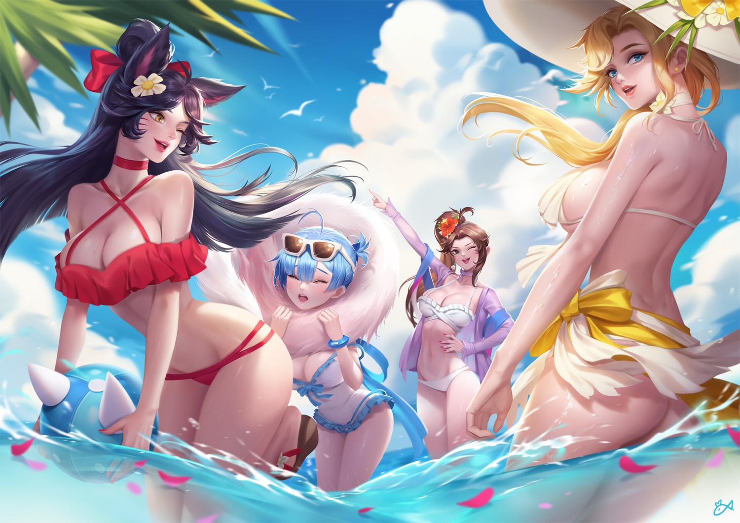 ahri, animal_ears, ass, bikini, citemer, cleavage, crossover, d.va