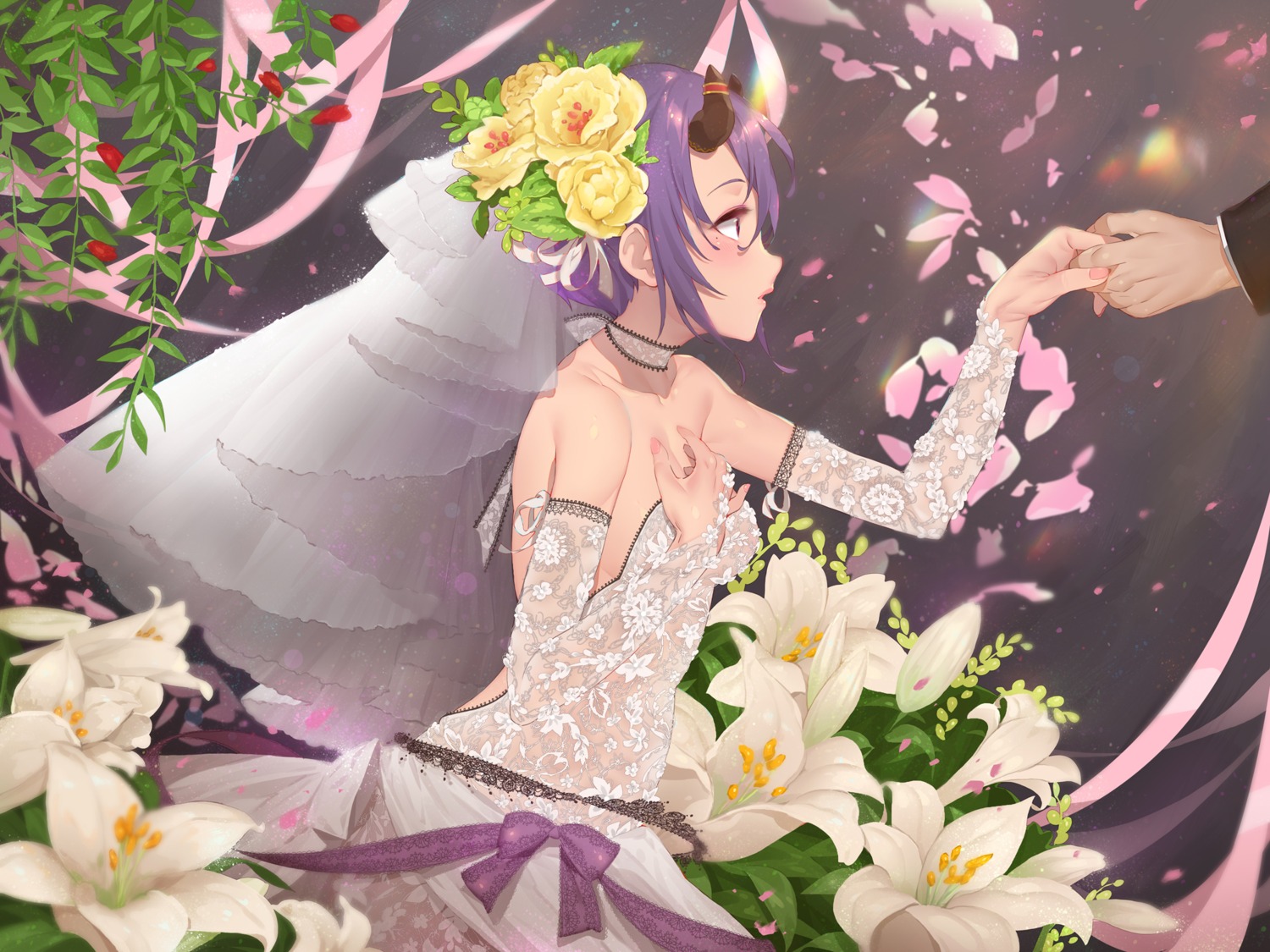 breast_hold, dress, horns, kamiki_shinobu, no_bra, princess_connect!, princess_connect!_re:dive, see_through, waterring, wedding_dress