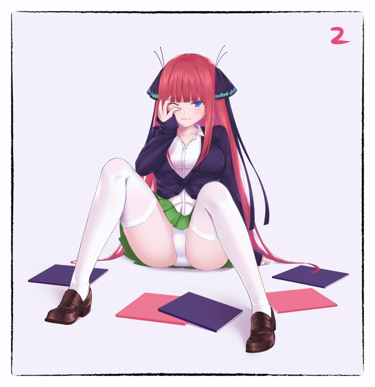 5-toubun_no_hanayome, heels, nakano_nino, nestea, pantsu, seifuku, skirt_lift, sweater, thighhighs