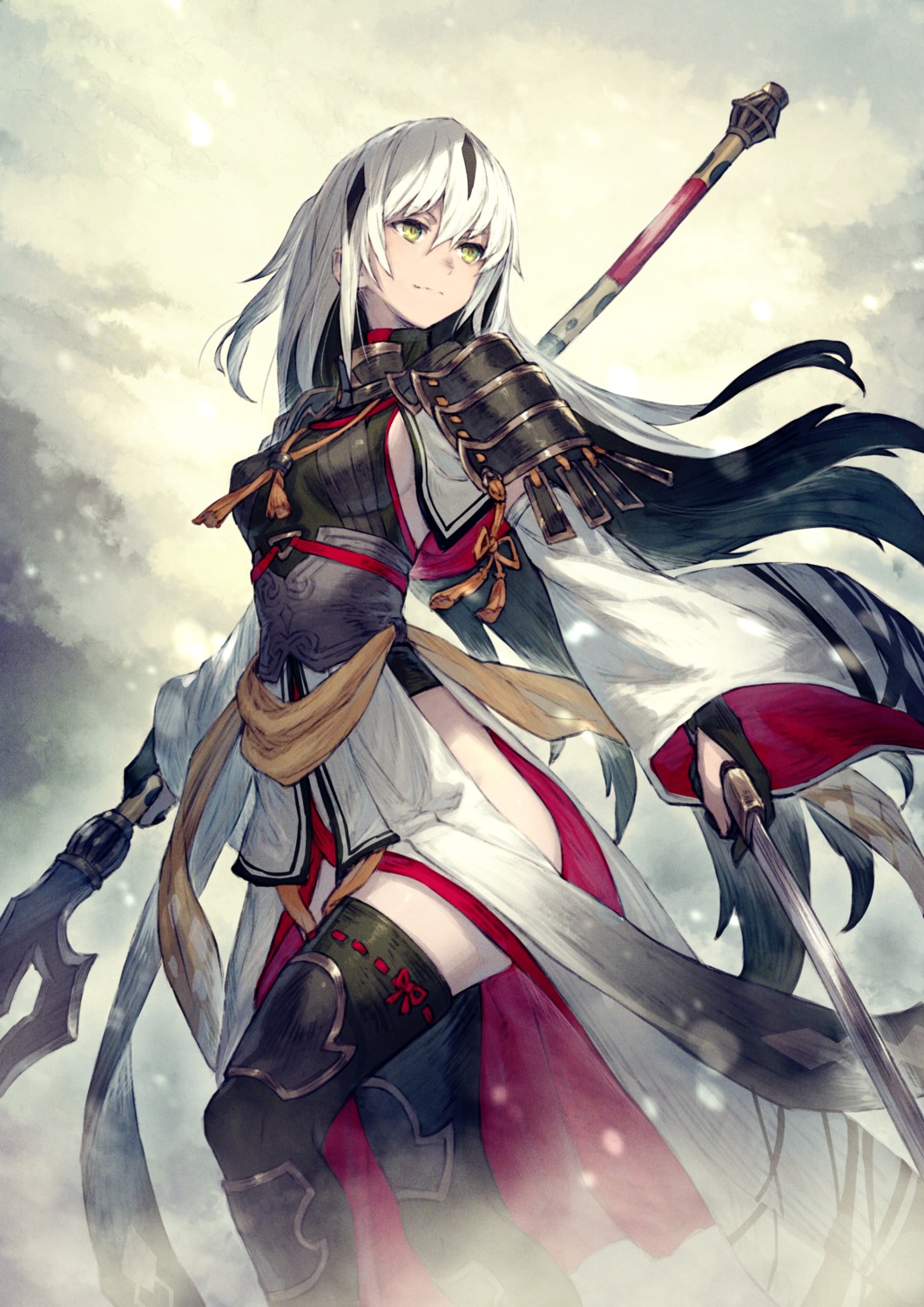 armor, fate/grand_order, japanese_clothes, kusano_shinta, nagao_kagetora_(fate), sword, thighhighs, weapon