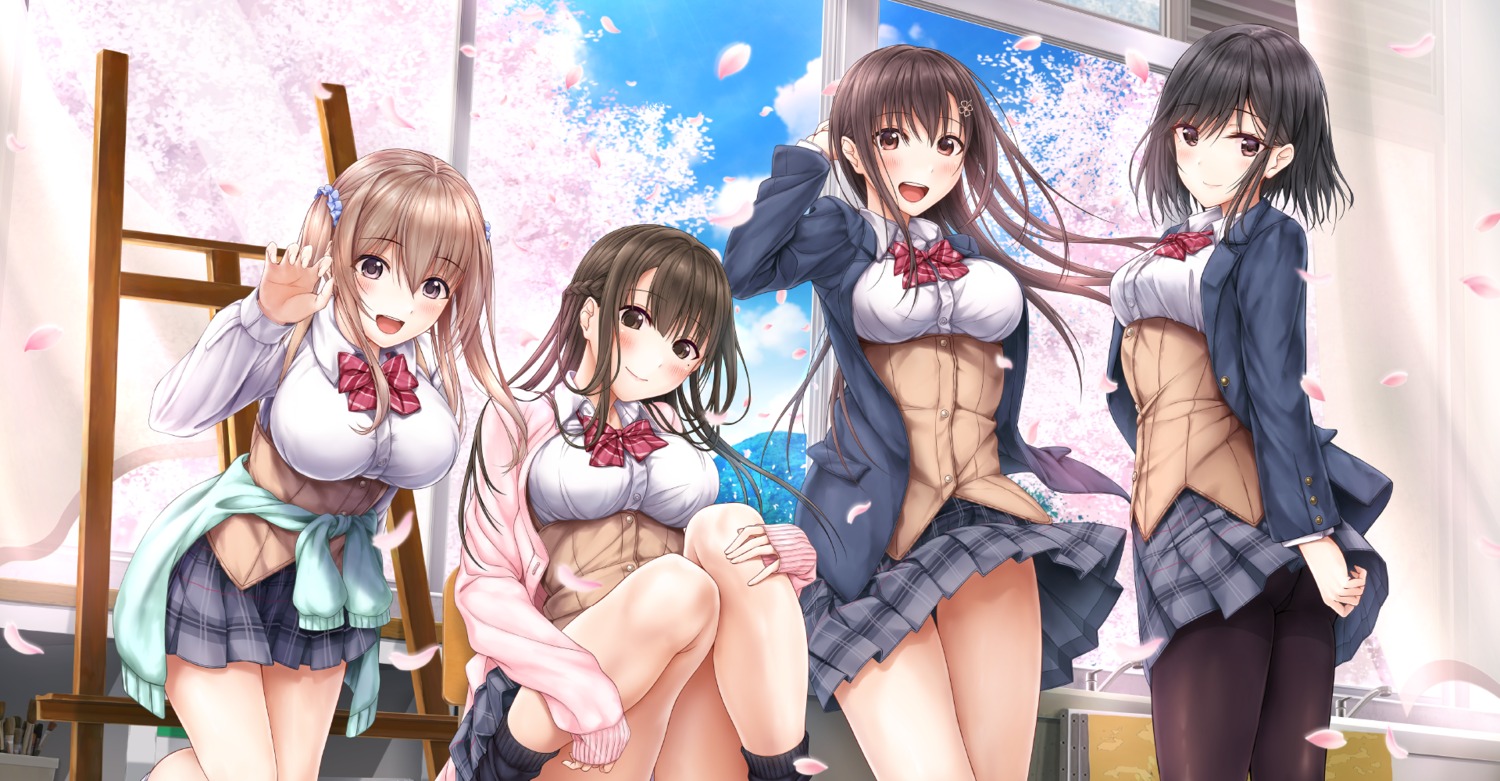 aikiss, giga, hazuki_gyokuto, kanno_junko, kirisawa_saki, pantyhose, saegusa_ayame, saegusa_hinata, sakurada_an, seifuku, skirt_lift, sweater