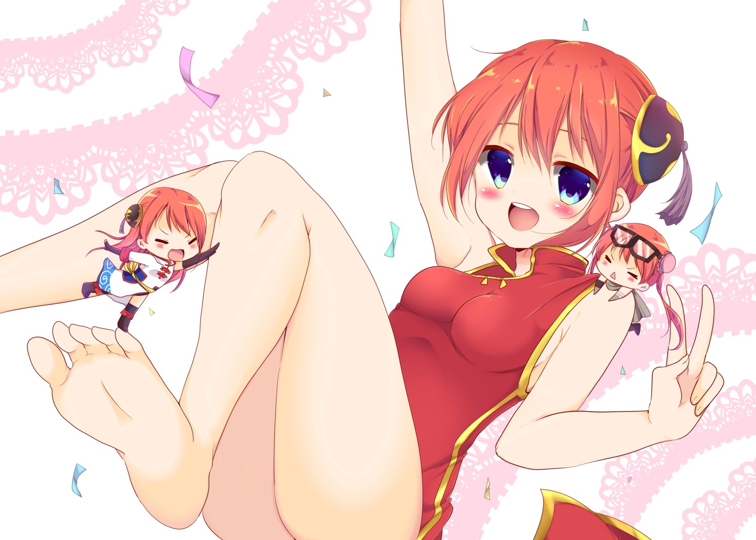 chibi, chinadress, feet, gintama, kagura, kiyo_(yamazoe1122), megane, skirt_lift