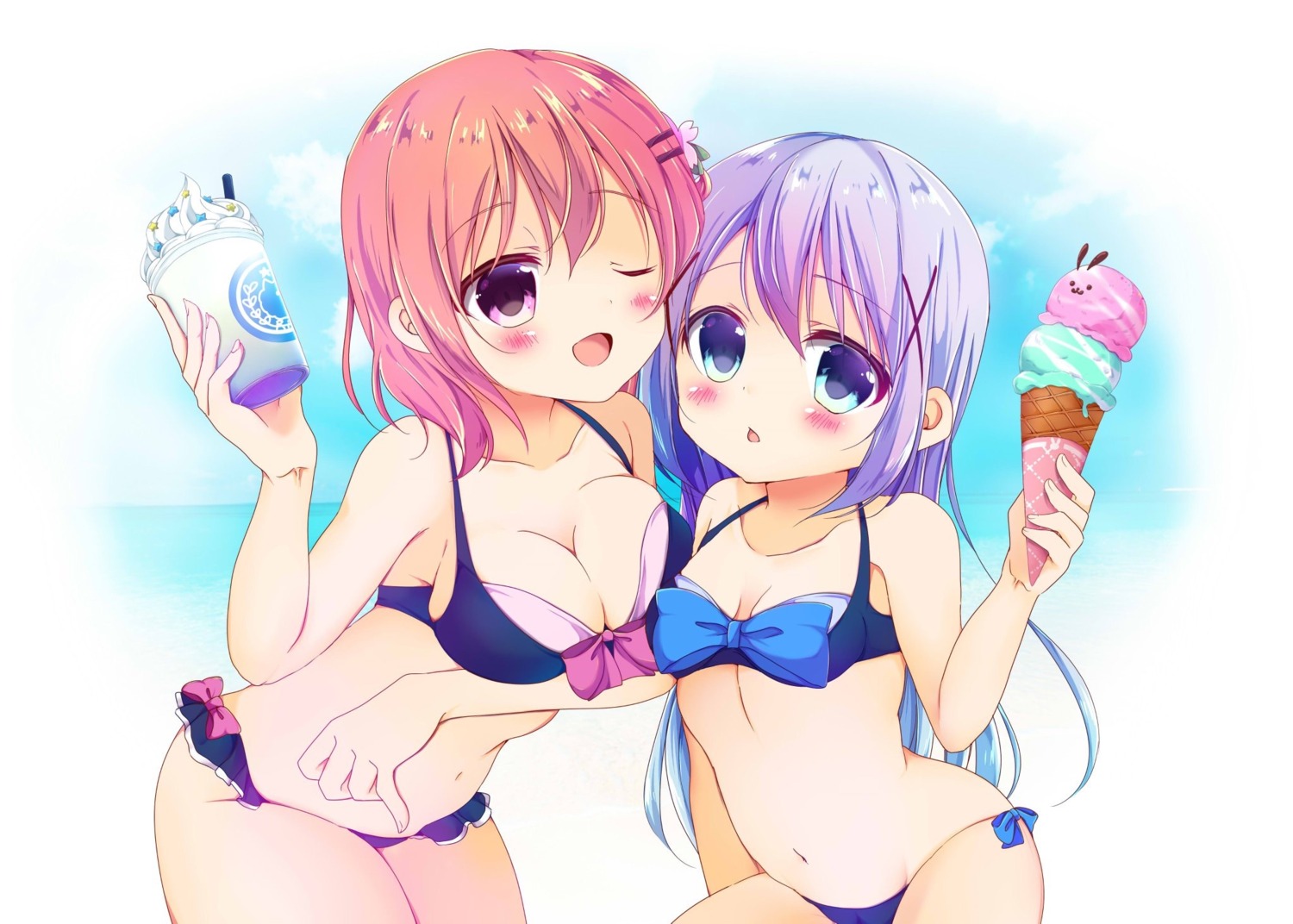bikini, breast_hold, cleavage, gochuumon_wa_usagi_desu_ka?, hoto_cocoa, kafuu_chino, kiyo_(yamazoe1122), swimsuits