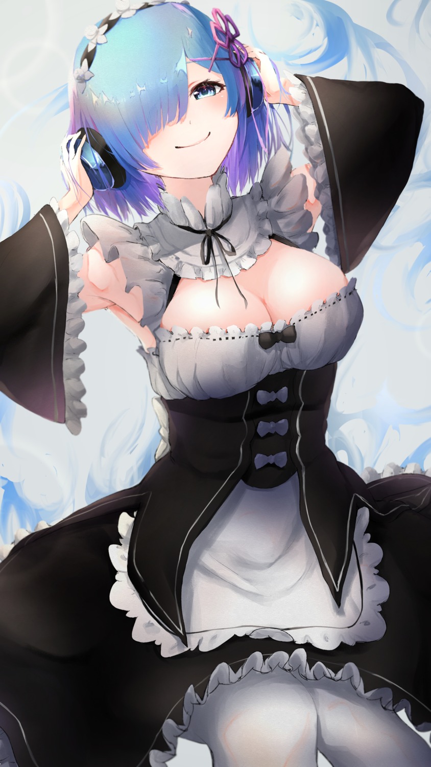 cleavage, headphones, hitsuji_(sheepsb22), maid, pantyhose, re:zero_kara_hajimeru_isekai_seikatsu, rem_(re_zero)