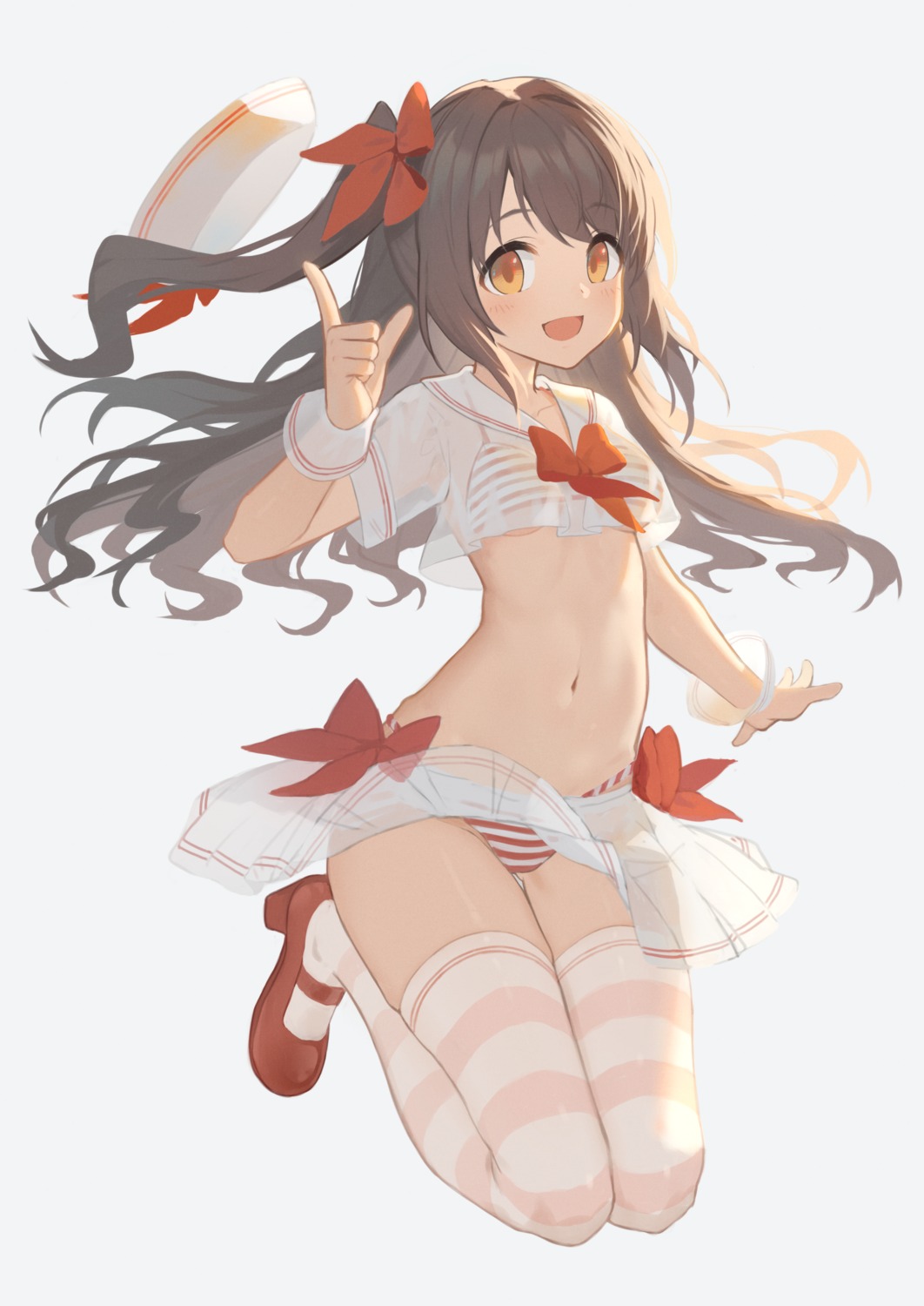 bikini, heels, see_through, seifuku, shimamura_uzuki, skirt_lift, swimsuits, the_idolm@ster, the_idolm@ster_cinderella_girls, thighhighs, underboob, yuri_shoutu