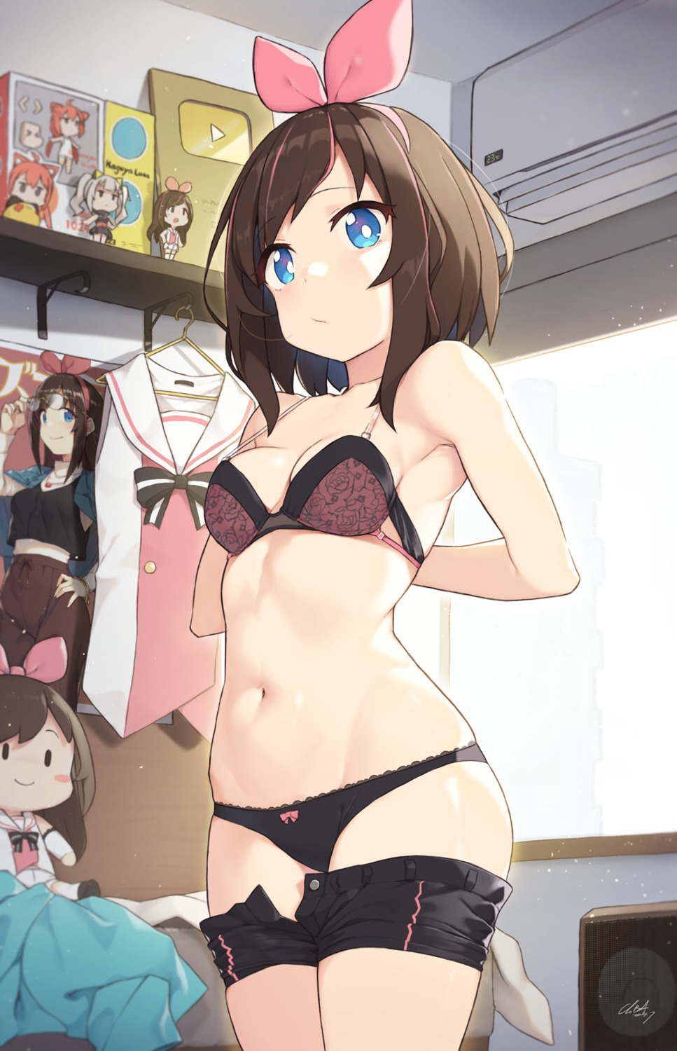 animal_ears, bra, chibi, cleavage, cloba, crossover, kaguya_luna, kizuna_ai