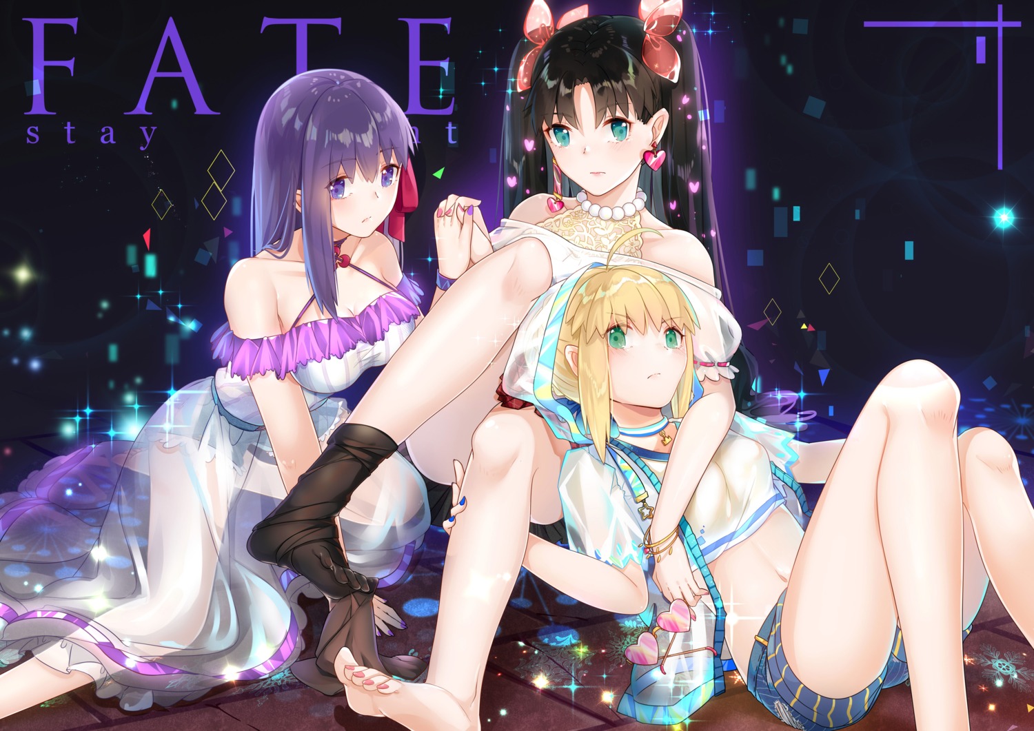artoria_pendragon_(fate), cleavage, dress, fate/stay_night, kotatsu_kaya, matou_sakura, see_through, toosaka_rin
