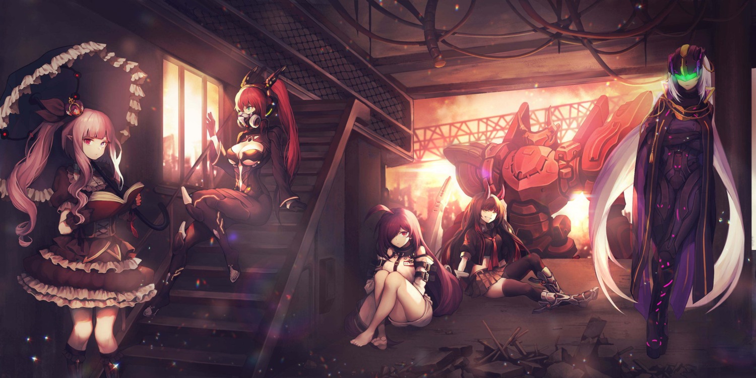 armor, dolores_(final_gear), feet, final_gear, gothic_lolita, heterochromia, lolita_fashion, mecha, mecha_musume, pn26illeheath_(final_gear), pn72night_ghoul_(final_gear), pn99_(final_gear), seifuku, sword, tagme, thighhighs, umbrella