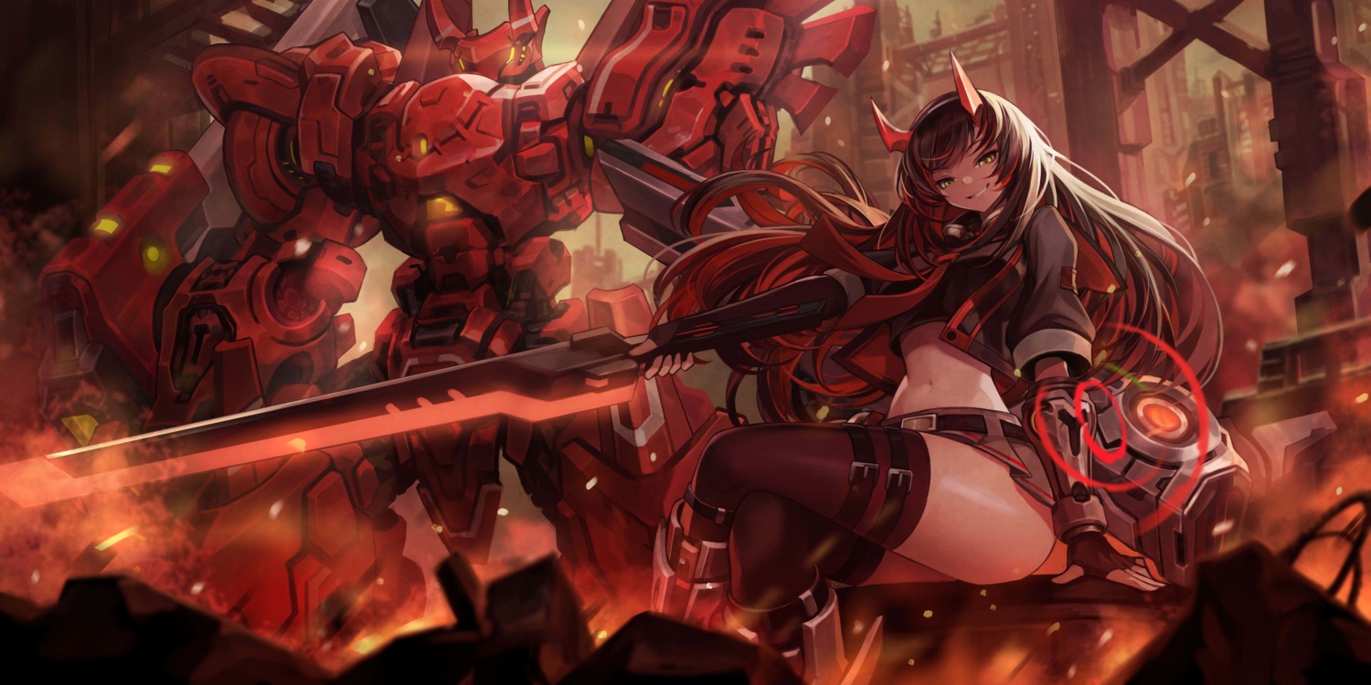 armor, final_gear, garter, horns, mecha, pn72night_ghoul_(final_gear), sword, tagme, thighhighs