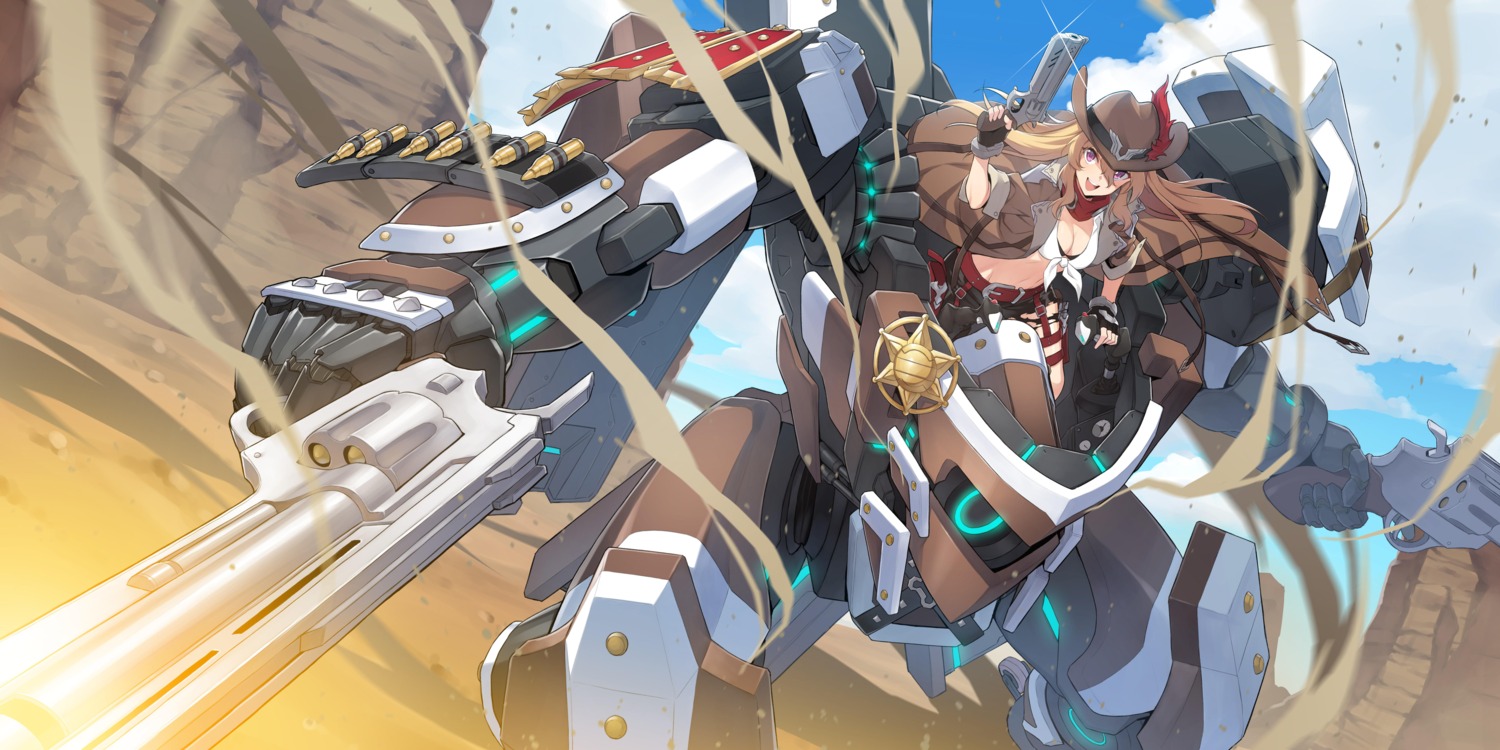 bra, cleavage, final_gear, garter, gun, jessie_(final_gear), mecha, open_shirt, tagme, torn_clothes