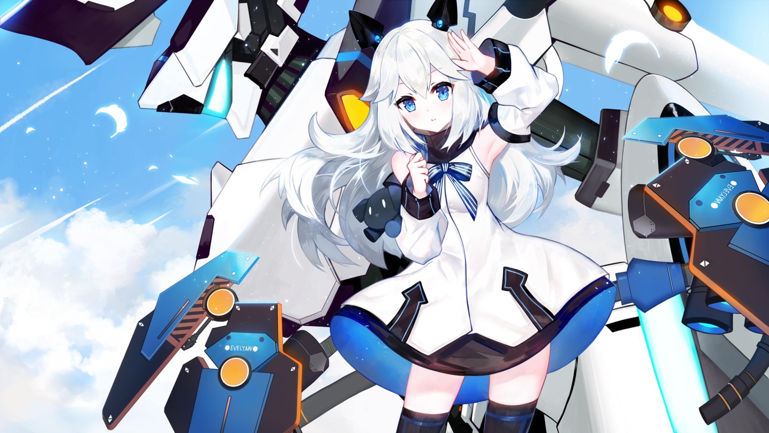 breast_hold, dress, evelynn_(final_gear), final_gear, horns, juexing_(moemoe3345), mecha, skirt_lift