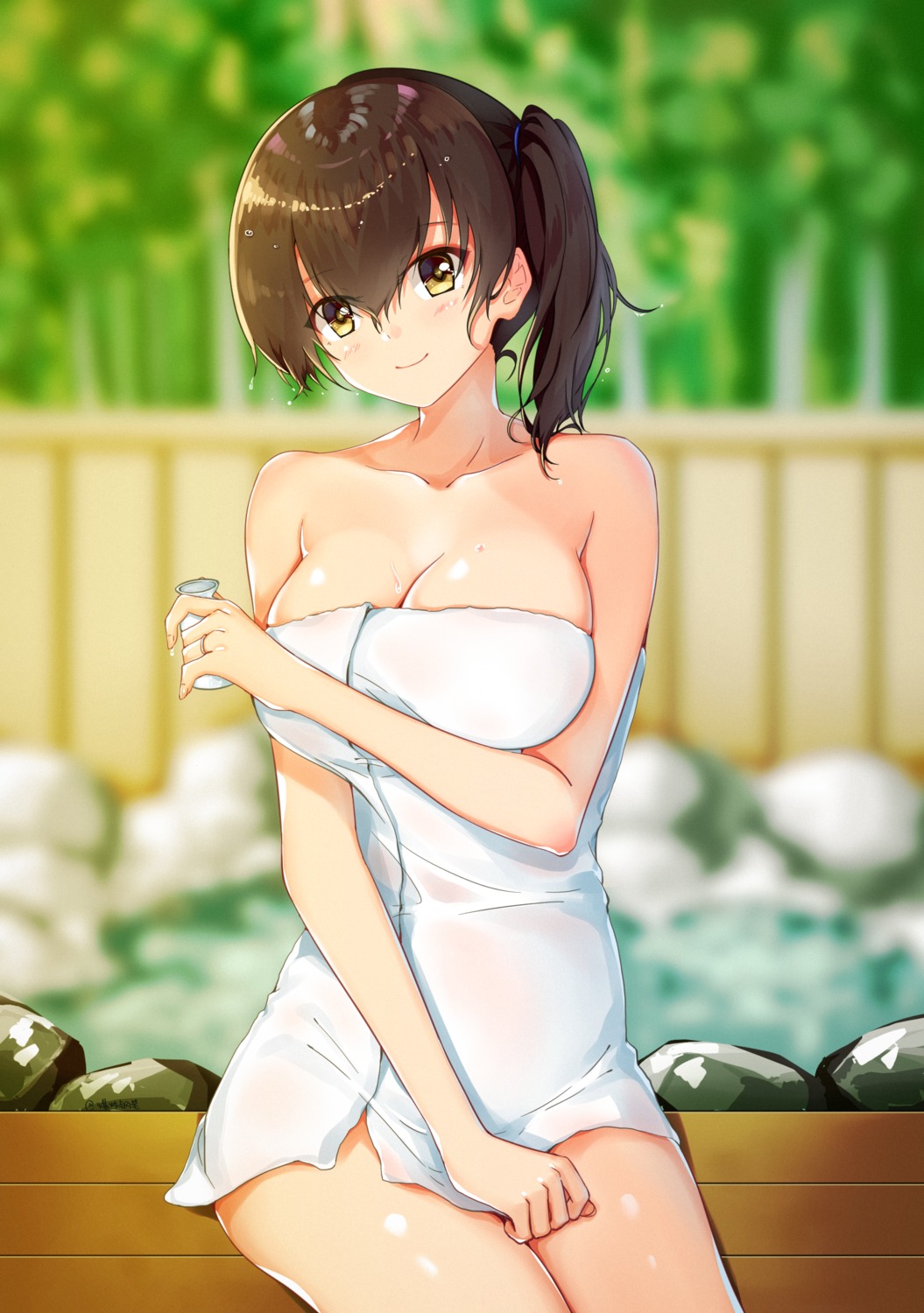 breast_hold, kaga_(kancolle), kantai_collection, mahou_shounen, onsen, towel, wet