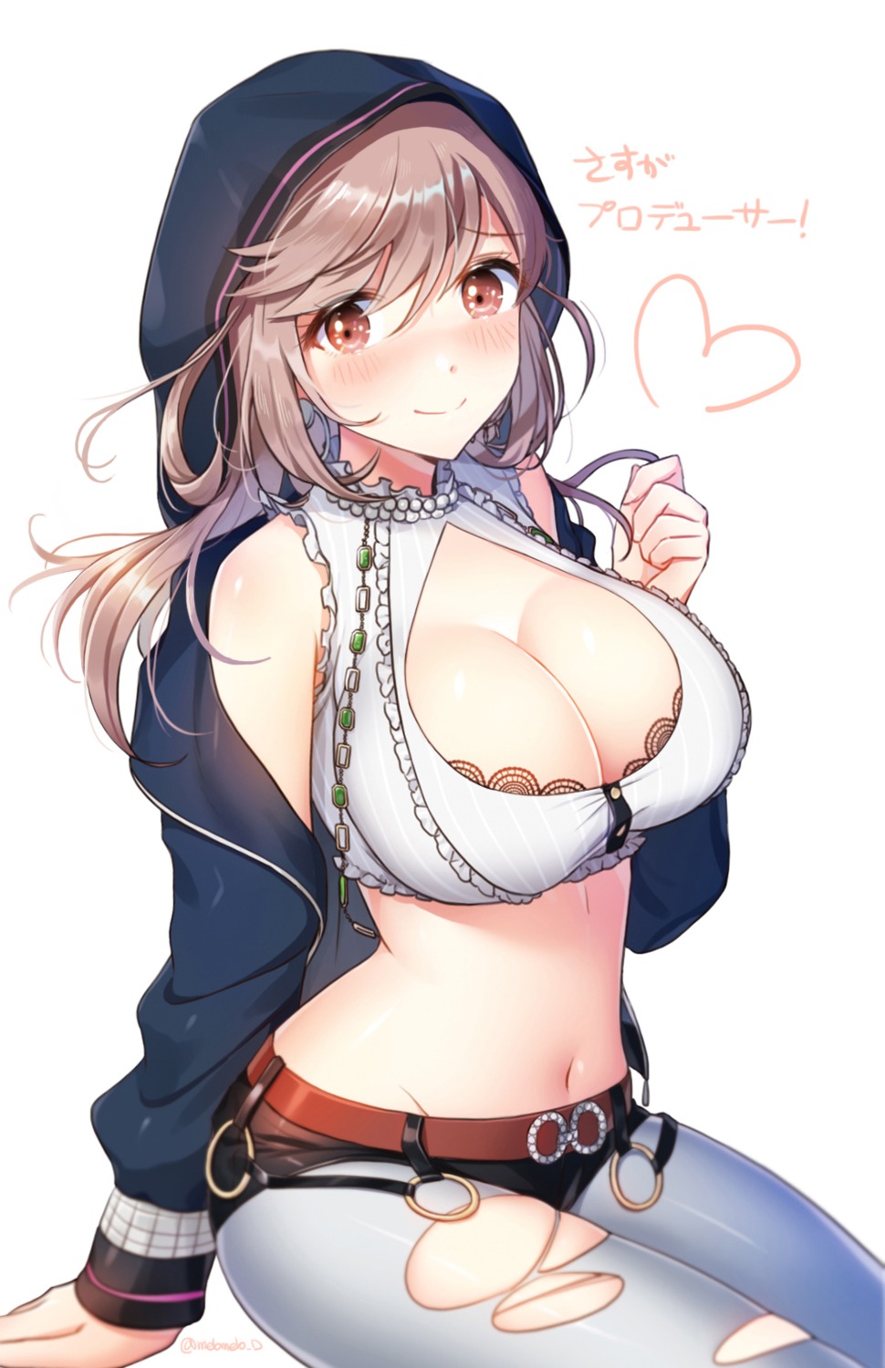 bra, cleavage, melo_(meromero), open_shirt, pantyhose, the_idolm@ster, the_idolm@ster_shiny_colors, torn_clothes, tsukioka_kogane