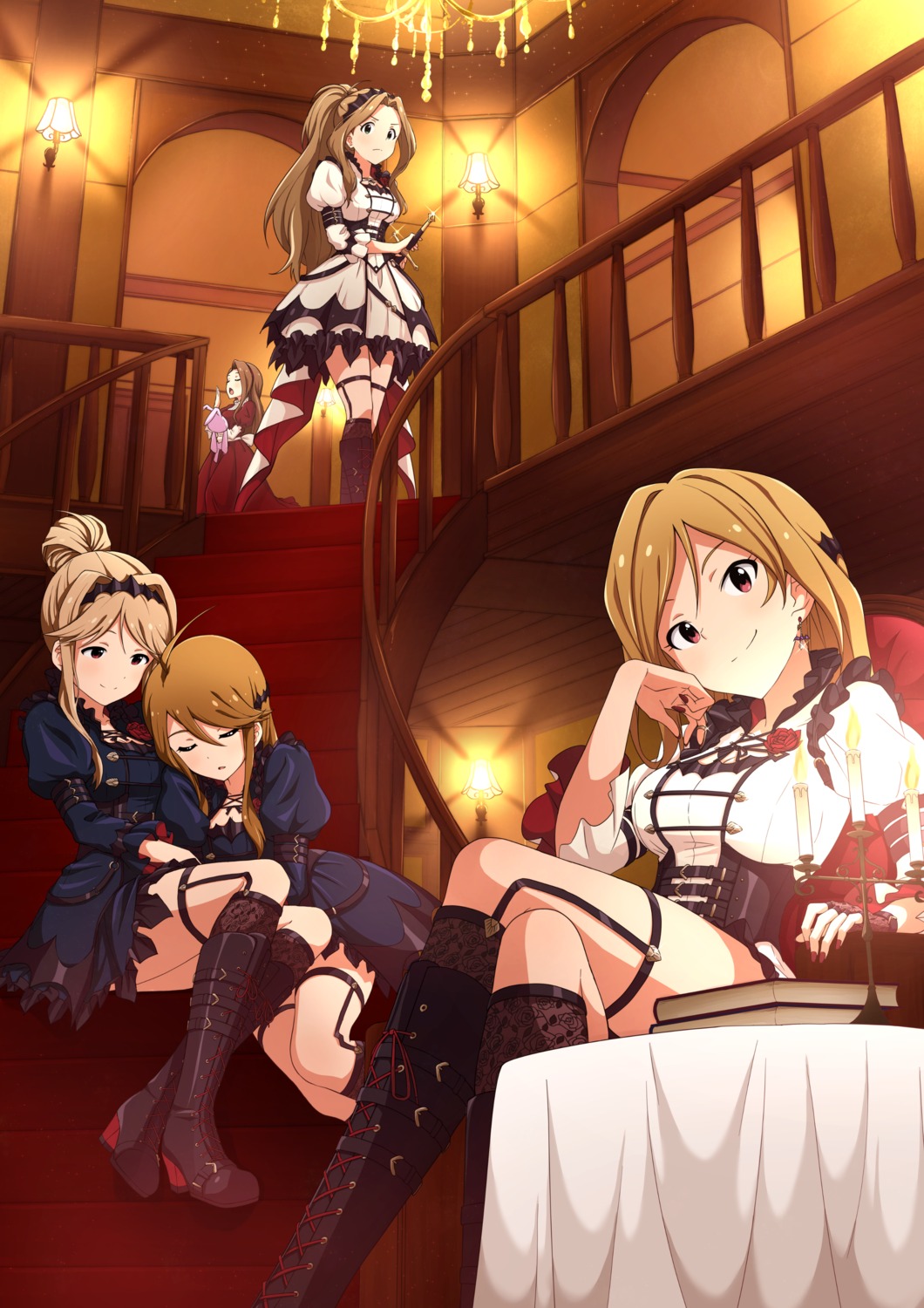artist_revision, asanaya, dress, garter, heels, minase_iori, momose_rio, nikaidou_chizuru