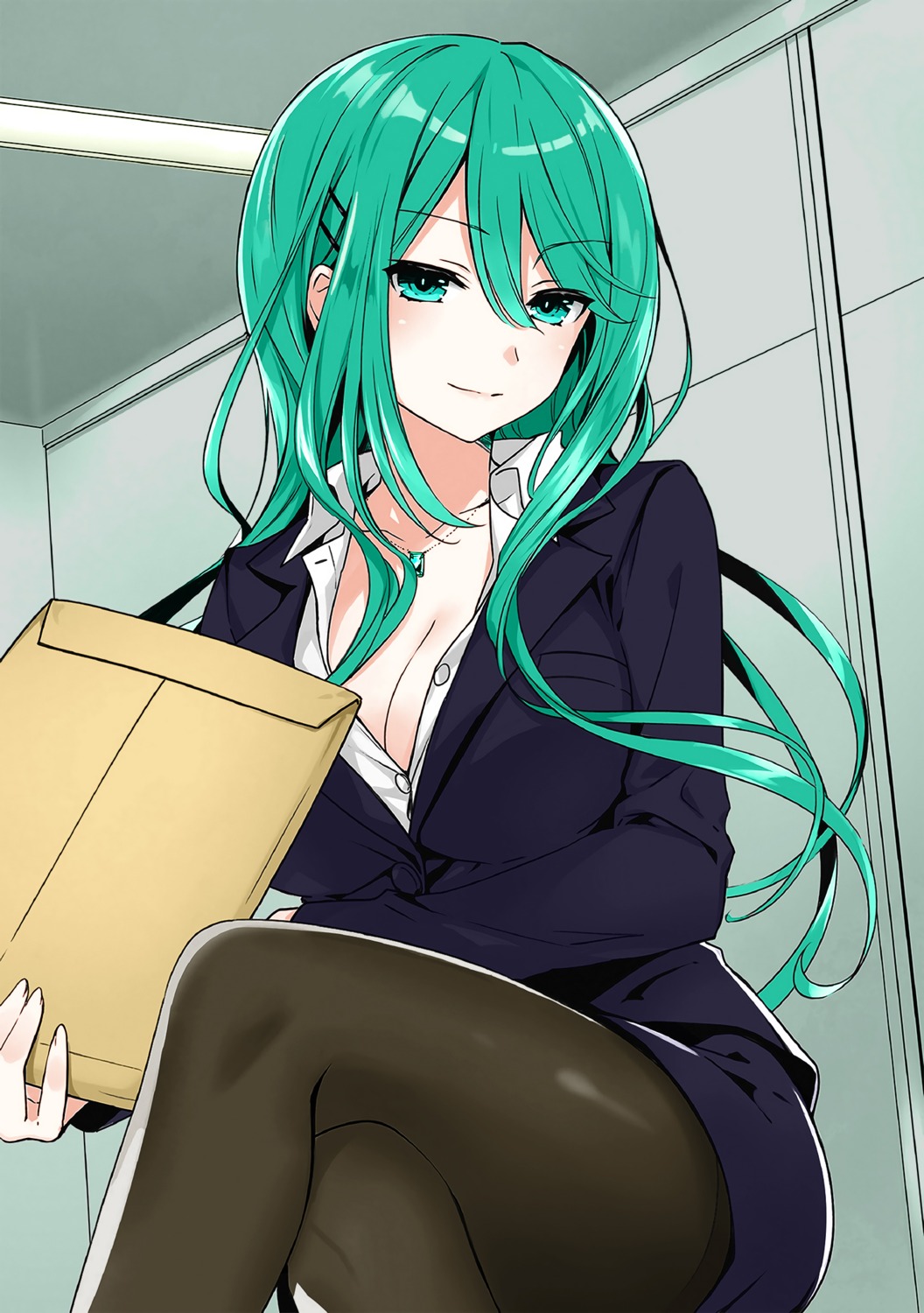 business_suit, cleavage, date_a_live, date_a_live_encore, kyouno_natsumi, no_bra, open_shirt, pantyhose