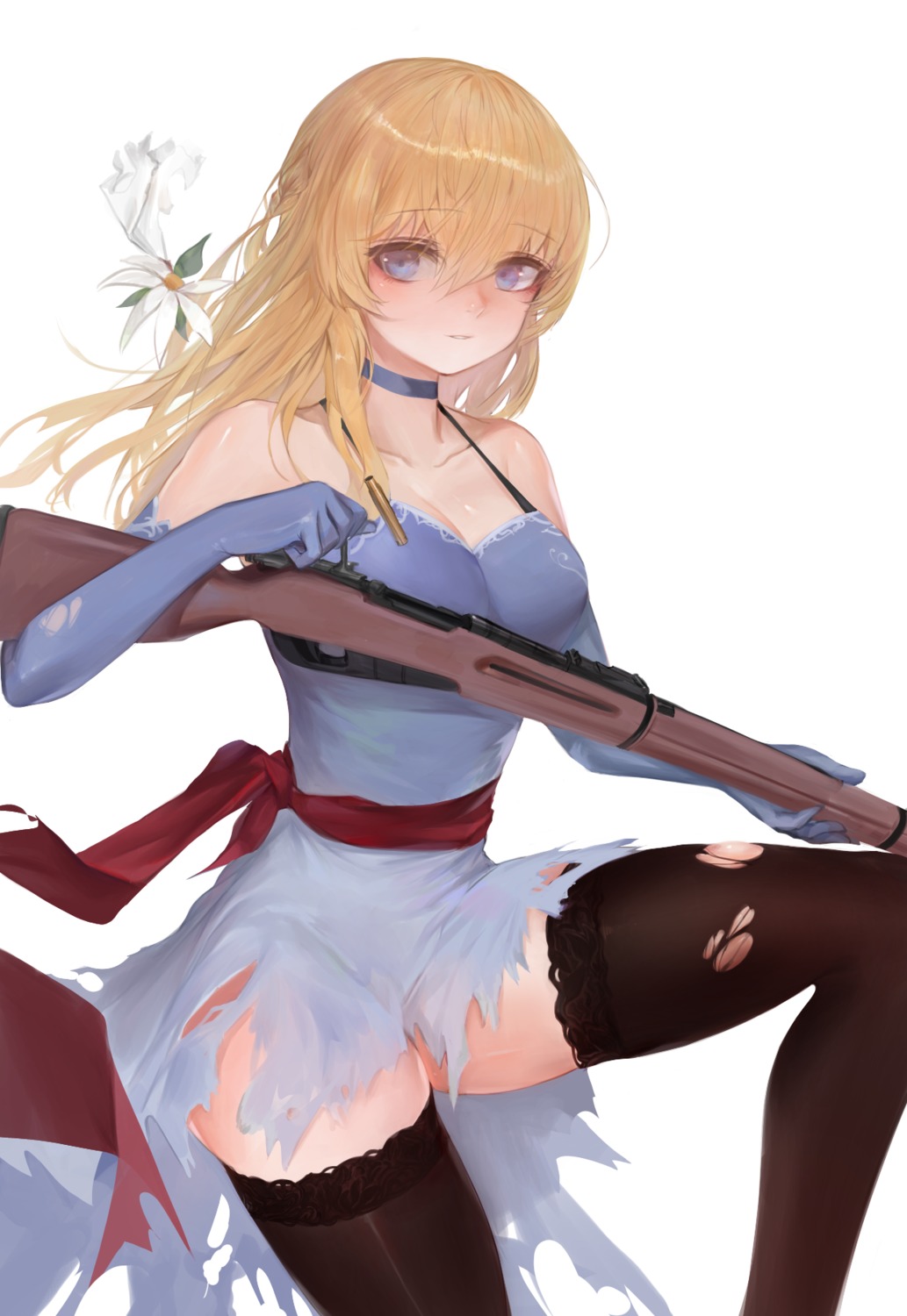 cleavage, dokomon, dress, girls_frontline, gun, mosin-nagant_(girls_frontline), skirt_lift, thighhighs