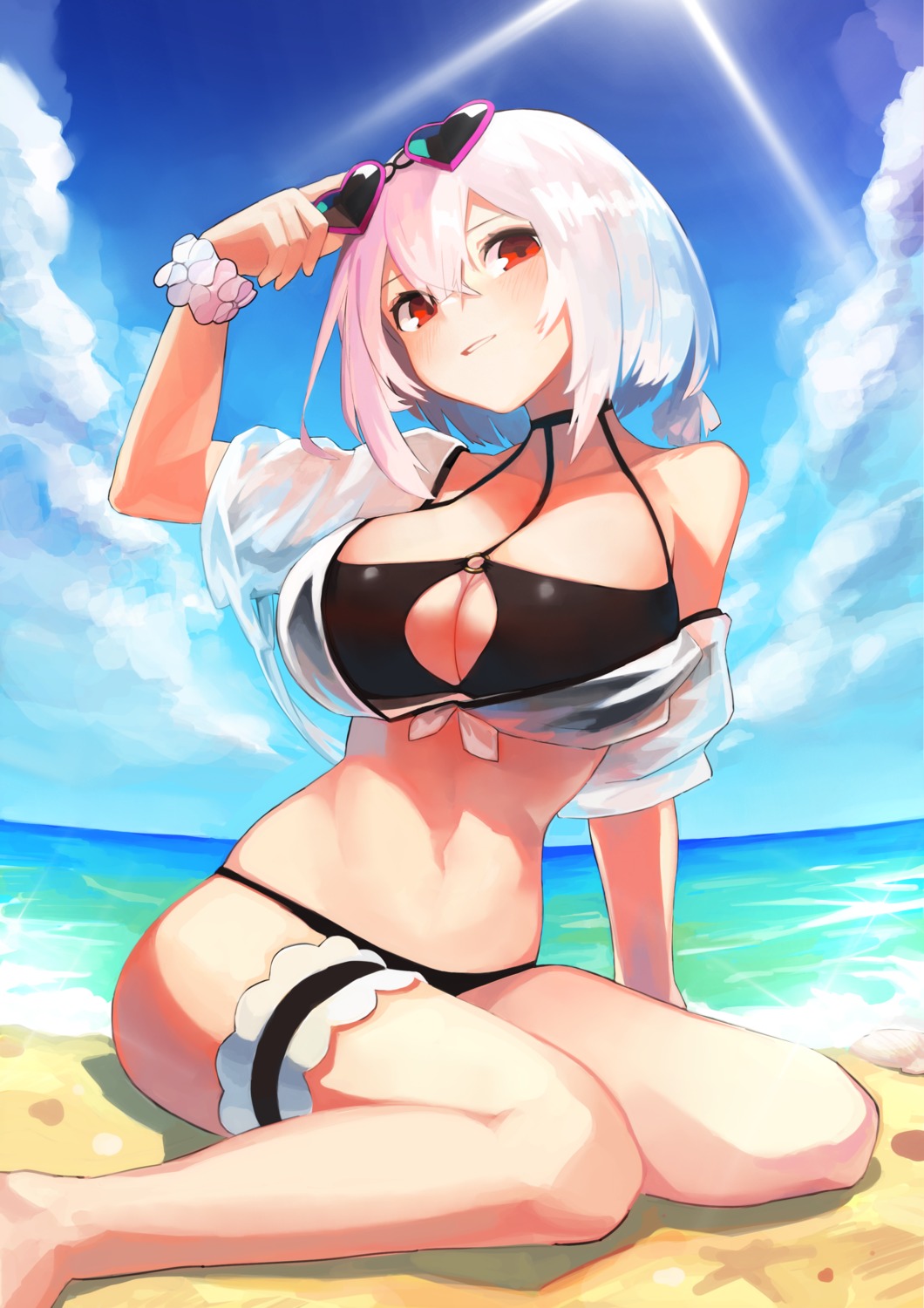 ao_(1234painter), azur_lane, bikini, garter, megane, open_shirt, see_through, sirius_(azur_lane), swimsuits