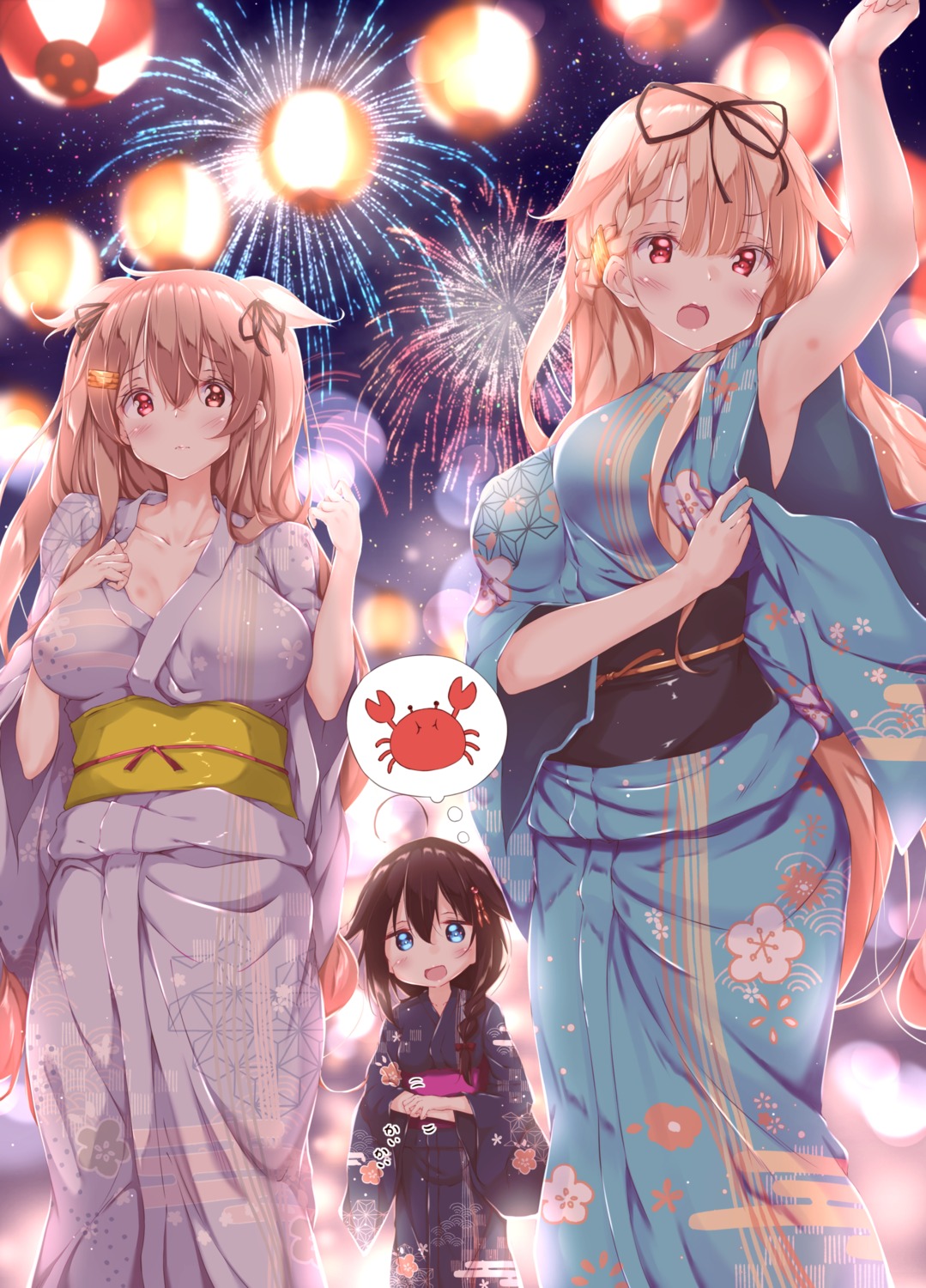 breast_hold, cleavage, kantai_collection, murasame_(kancolle), numpopo, shigure_(kancolle), yukata, yuudachi_(kancolle)