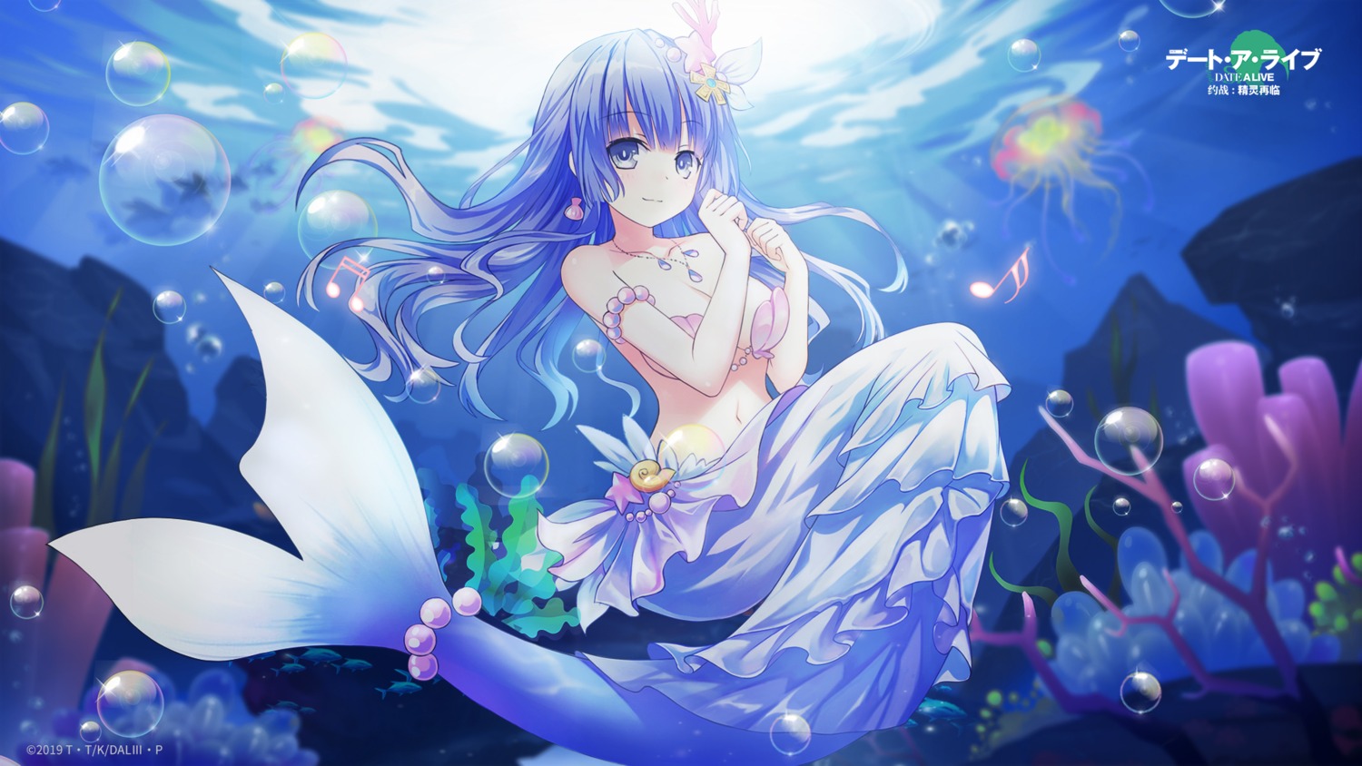 bikini_top, breast_hold, cleavage, date_a_live, izayoi_miku, mermaid, monster_girl, swimsuits, tagme, tail, wallpaper