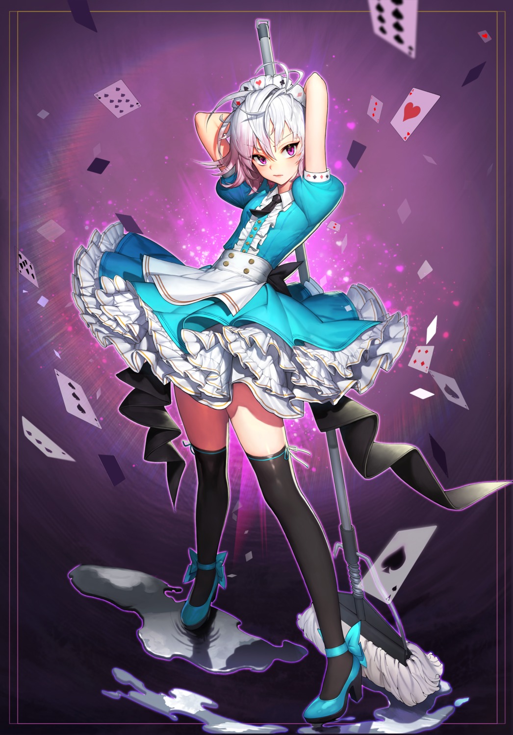 dambang, heels, maid, skirt_lift, soccer_spirits, thighhighs