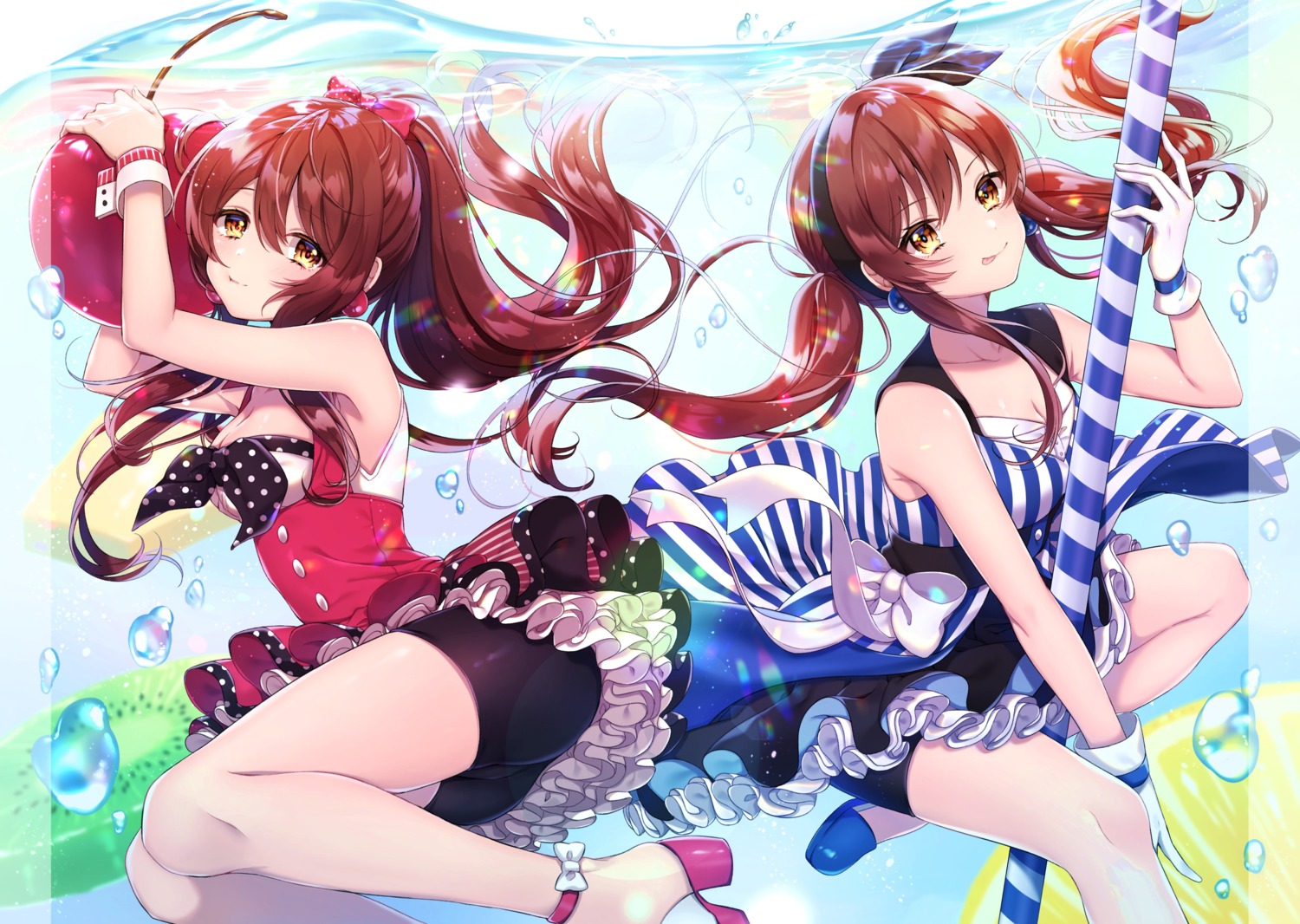 bike_shorts, cleavage, heels, oosaki_amana, oosaki_tenka, skirt_lift, the_idolm@ster, the_idolm@ster_shiny_colors