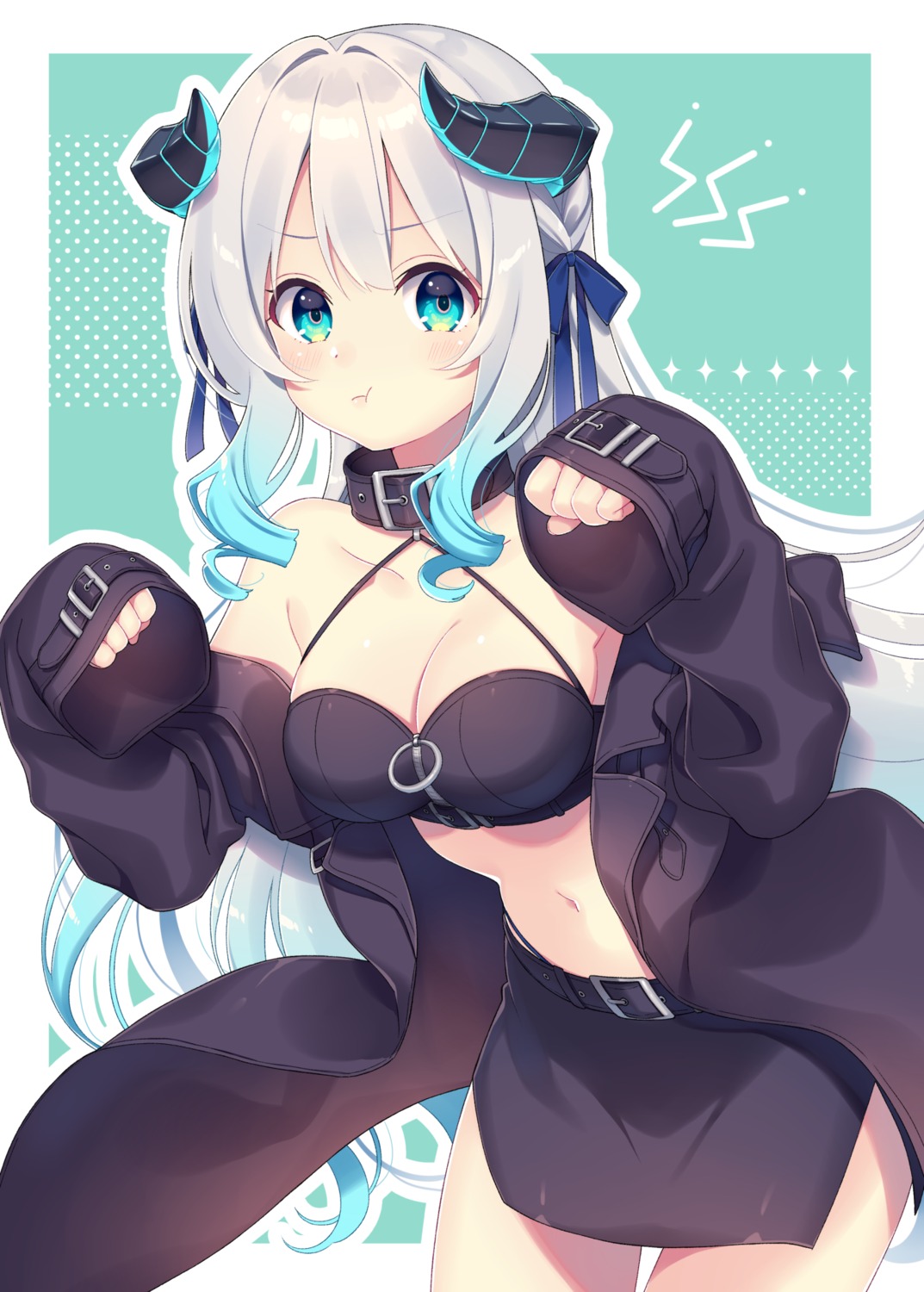 bra, cleavage, horns, nagino_shizuku, open_shirt