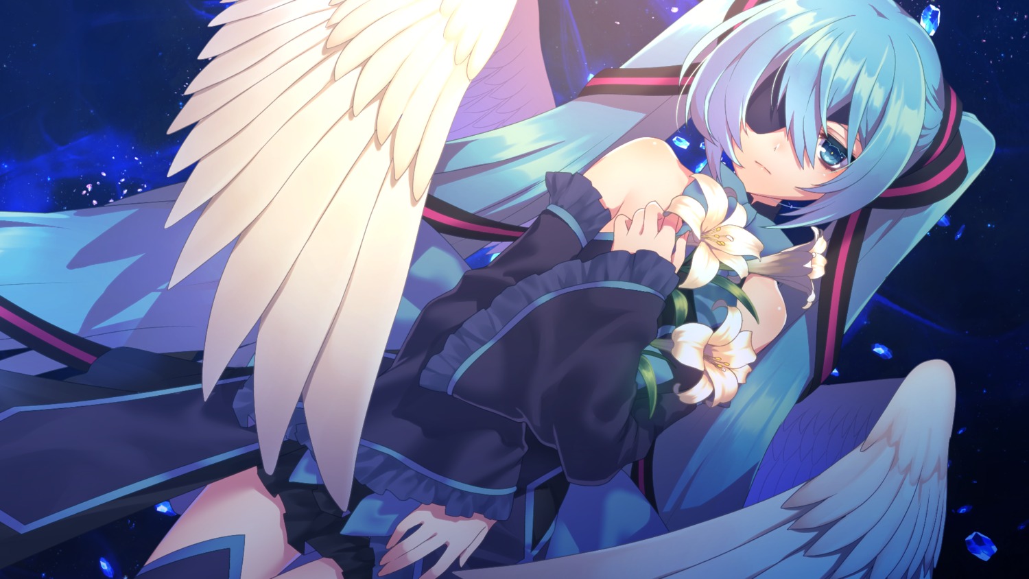 breast_hold, dress, eyepatch, hatsune_miku, matsuda_toki, thighhighs, vocaloid, wallpaper