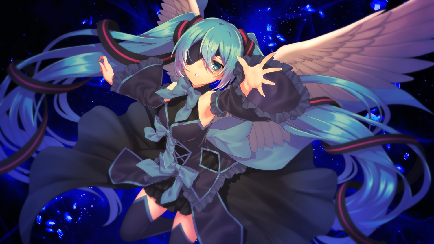 dress, eyepatch, hatsune_miku, matsuda_toki, thighhighs, vocaloid, wallpaper, wings