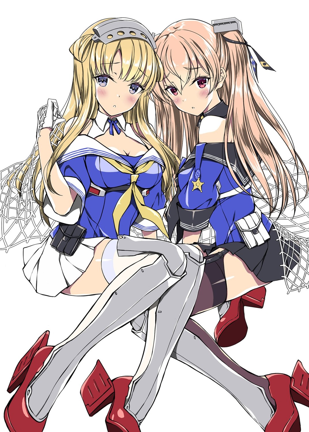 armor, cleavage, fletcher_(kancolle), heels, johnston_(kancolle), kantai_collection, kobayashi_chisato, stockings