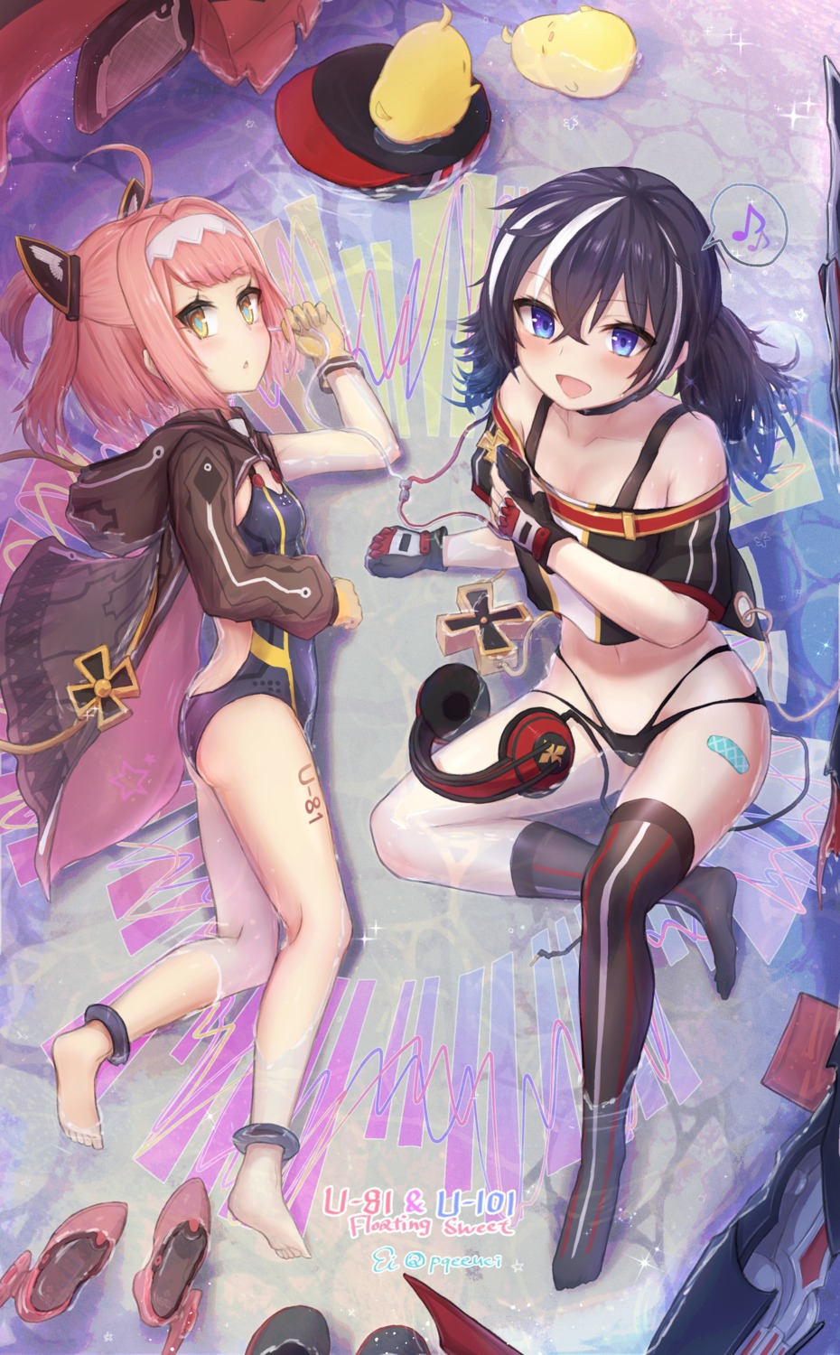 animal_ears, ass, azur_lane, breast_hold, cleavage, eicam, headphones, swimsuits