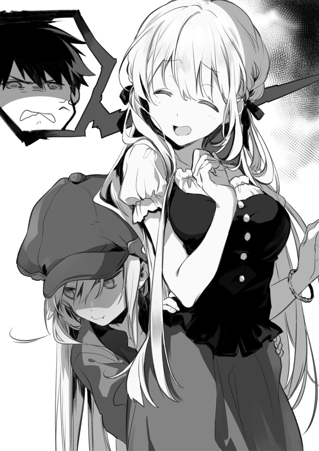 breast_hold, kei_(k_tmr), latina, monochrome, uchi_no_musume_no_tame_naraba_ore_wa_moshikashitara_maou_mo_taoseru_kamo_shirenai.