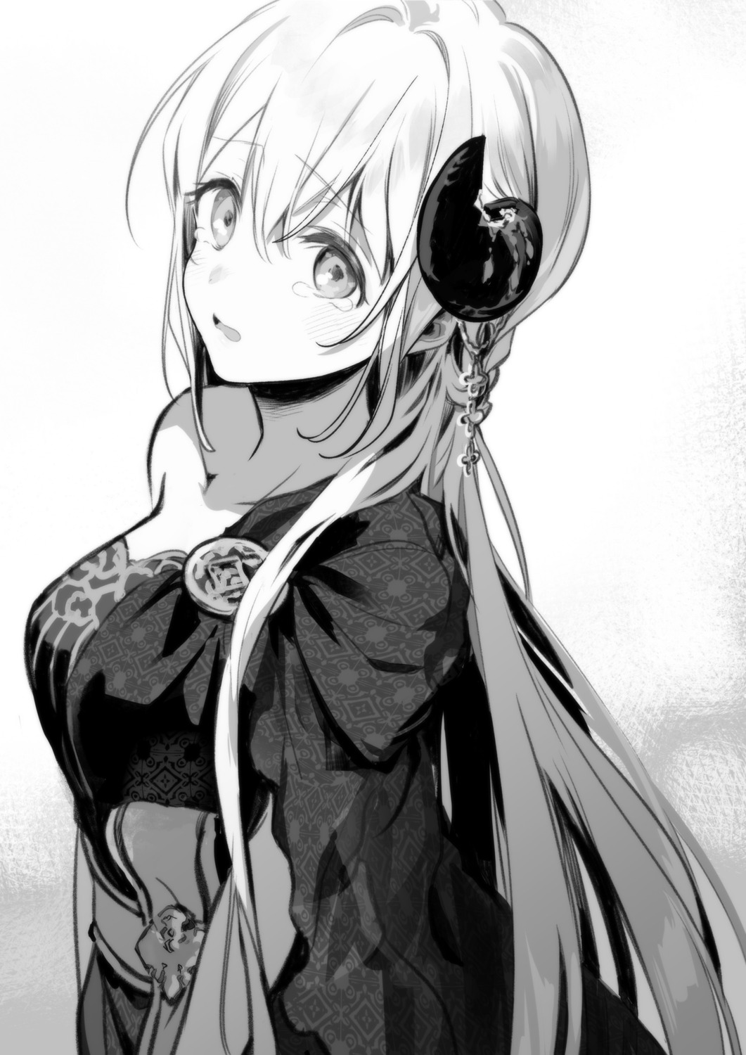 horns, japanese_clothes, kei_(k_tmr), latina, monochrome, uchi_no_musume_no_tame_naraba_ore_wa_moshikashitara_maou_mo_taoseru_kamo_shirenai.