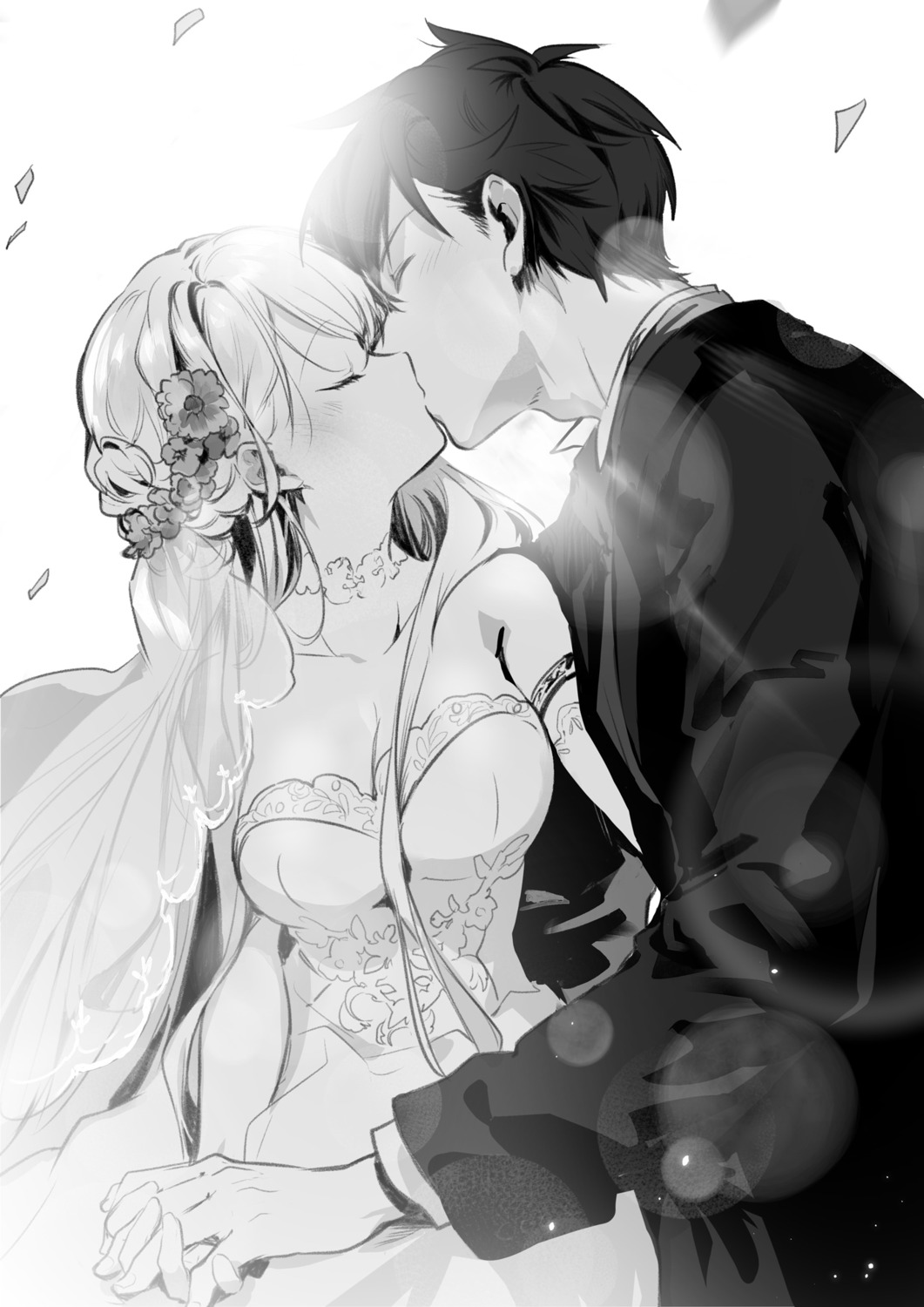 cleavage, dress, kei_(k_tmr), latina, monochrome, uchi_no_musume_no_tame_naraba_ore_wa_moshikashitara_maou_mo_taoseru_kamo_shirenai., wedding_dress