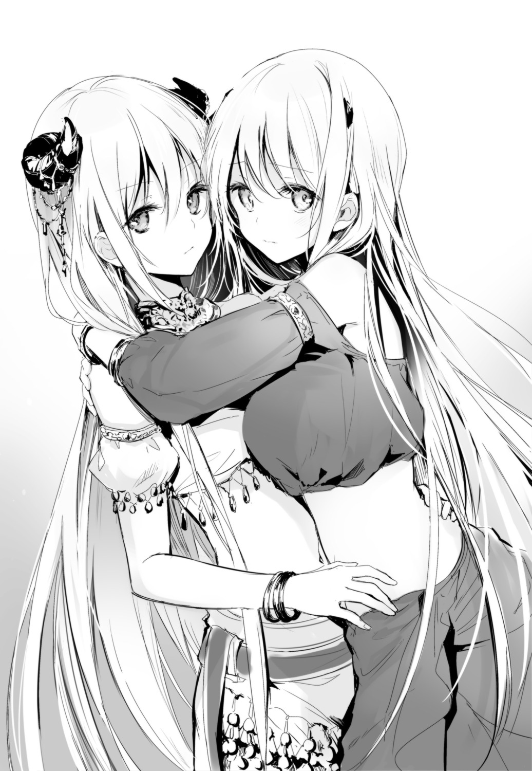 horns, kei_(k_tmr), monochrome, uchi_no_musume_no_tame_naraba_ore_wa_moshikashitara_maou_mo_taoseru_kamo_shirenai., yuri