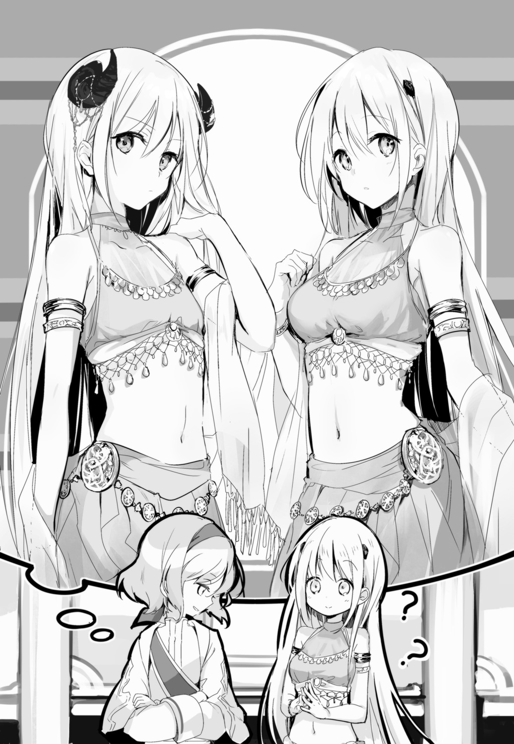horns, kei_(k_tmr), monochrome, see_through, uchi_no_musume_no_tame_naraba_ore_wa_moshikashitara_maou_mo_taoseru_kamo_shirenai.