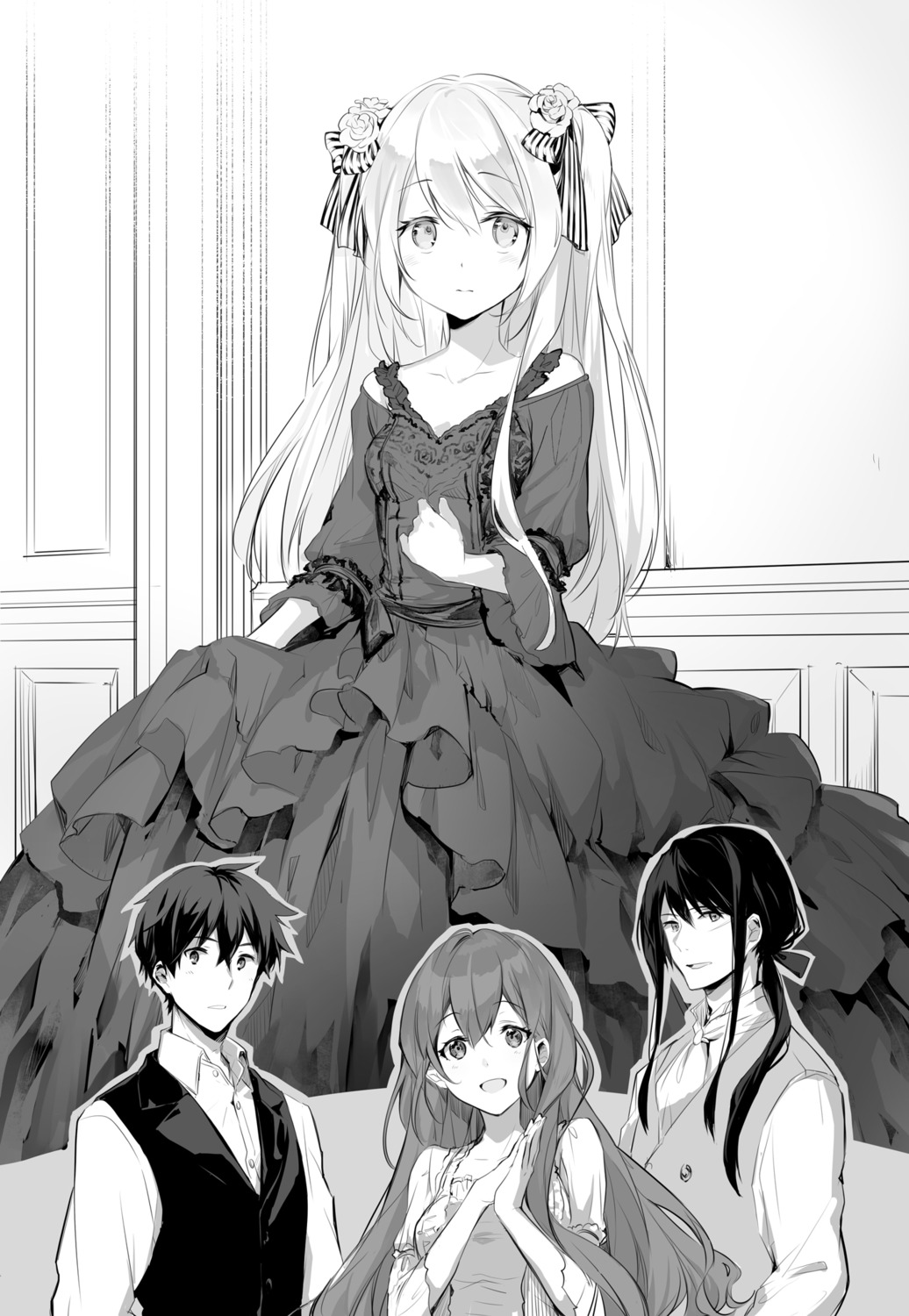 dress, kei_(k_tmr), monochrome, uchi_no_musume_no_tame_naraba_ore_wa_moshikashitara_maou_mo_taoseru_kamo_shirenai.