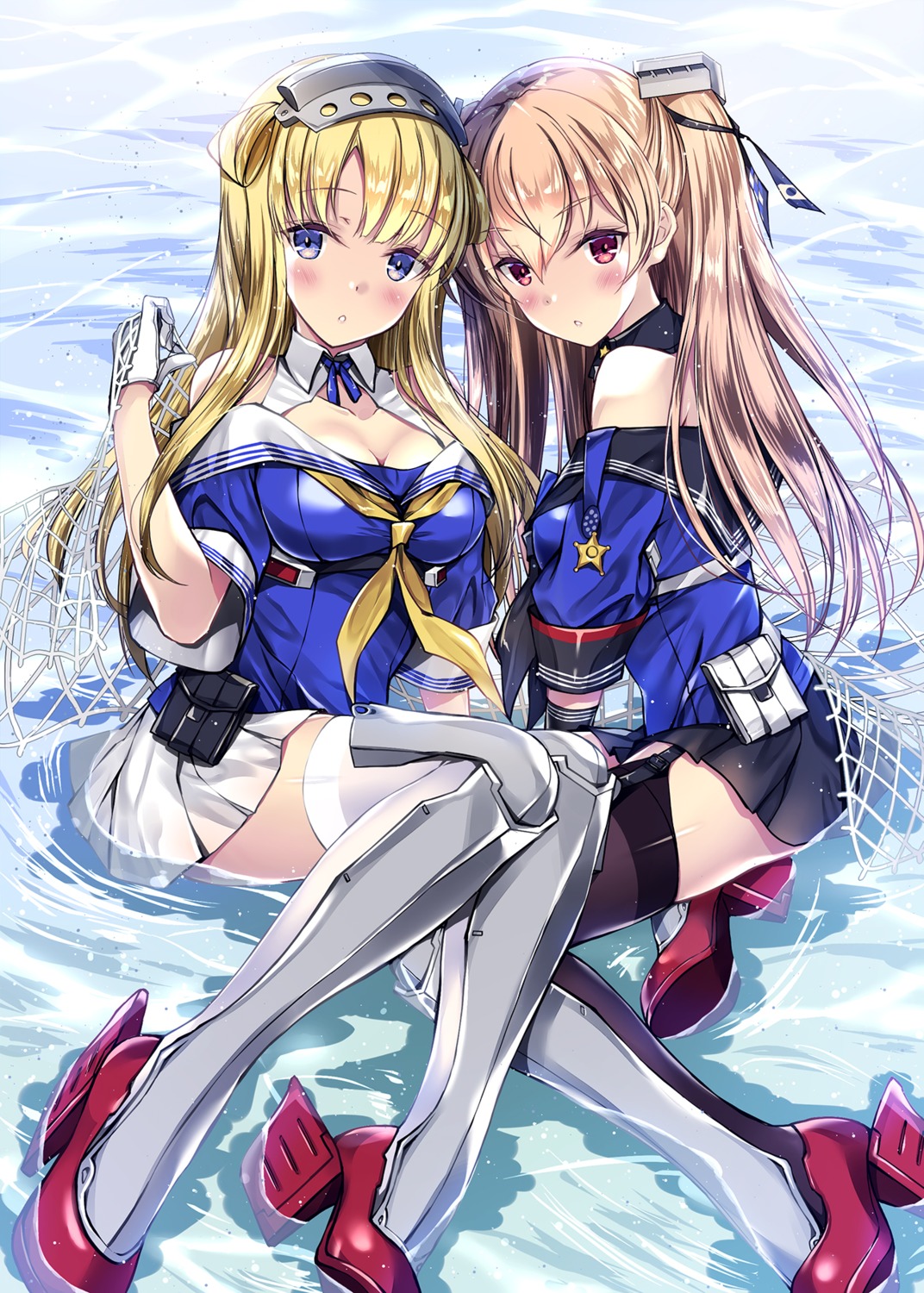 armor, cleavage, fletcher_(kancolle), heels, johnston_(kancolle), kantai_collection, kobayashi_chisato, stockings, thighhighs, uniform