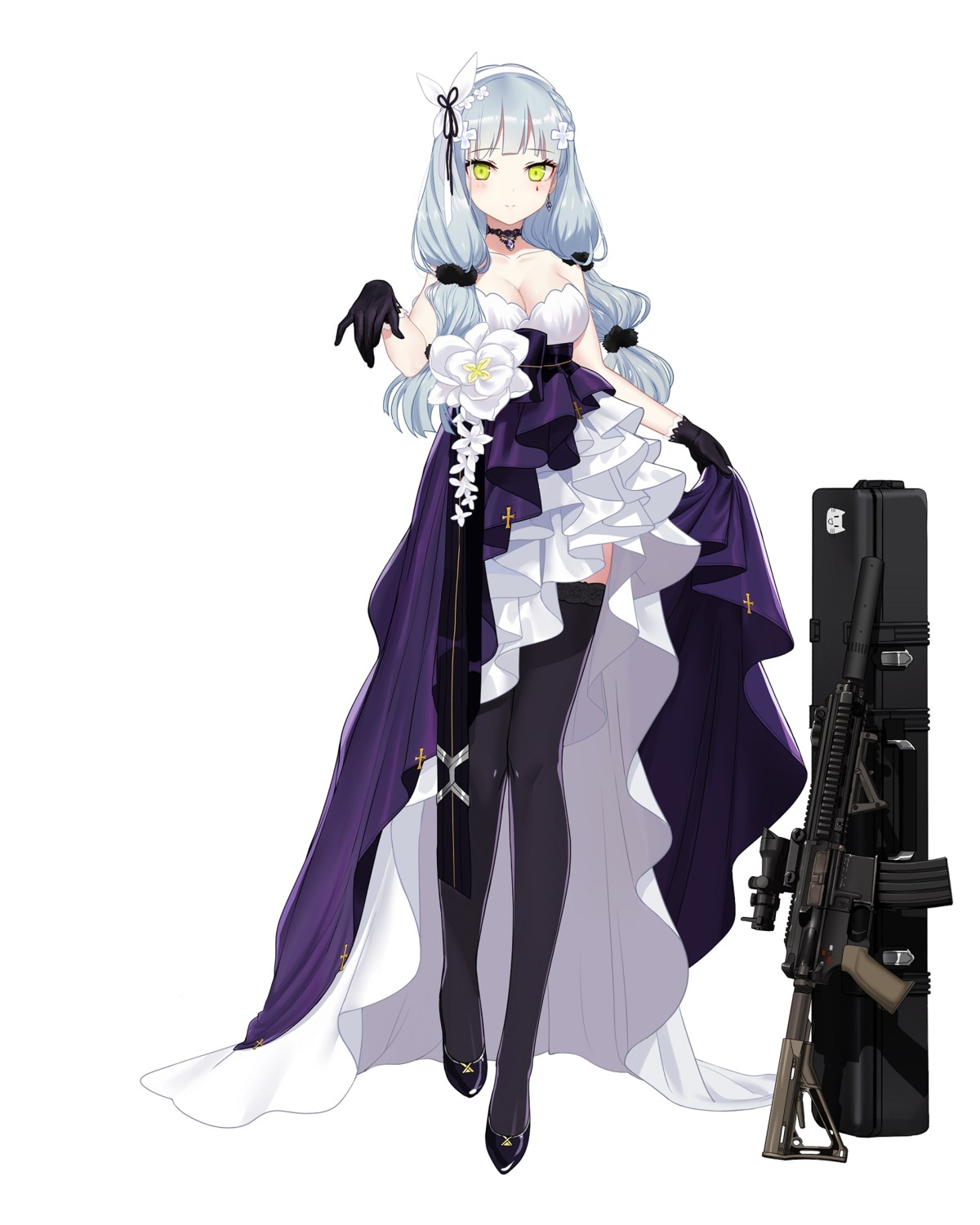 cleavage, dress, girls_frontline, gun, gyaku_tsubasa, hk416_(girls_frontline), skirt_lift, thighhighs